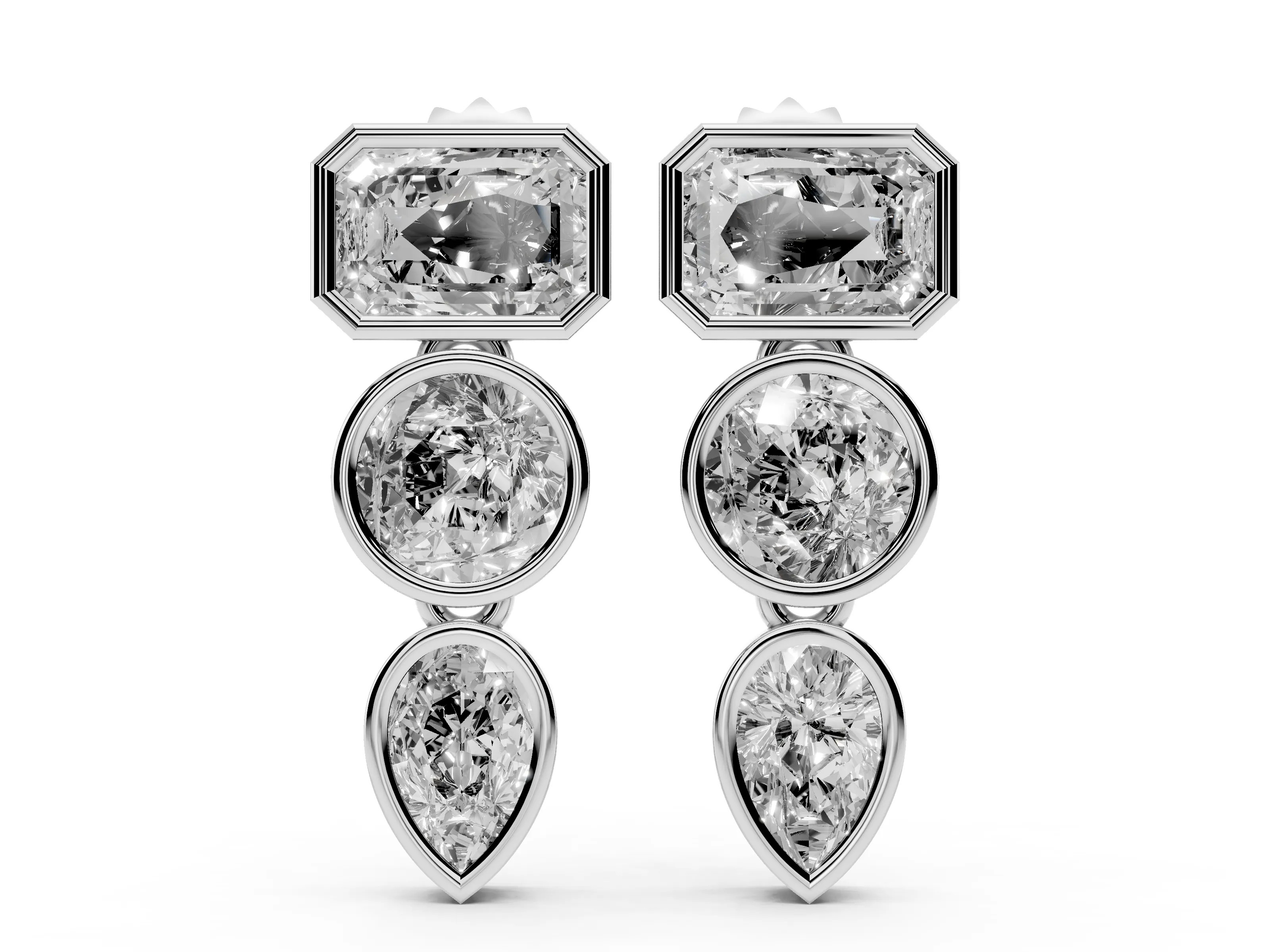 Emerald Cut Round and Pear Lab-Grown Diamond Bezel Drop Earrings | Linked Drop | Platinum