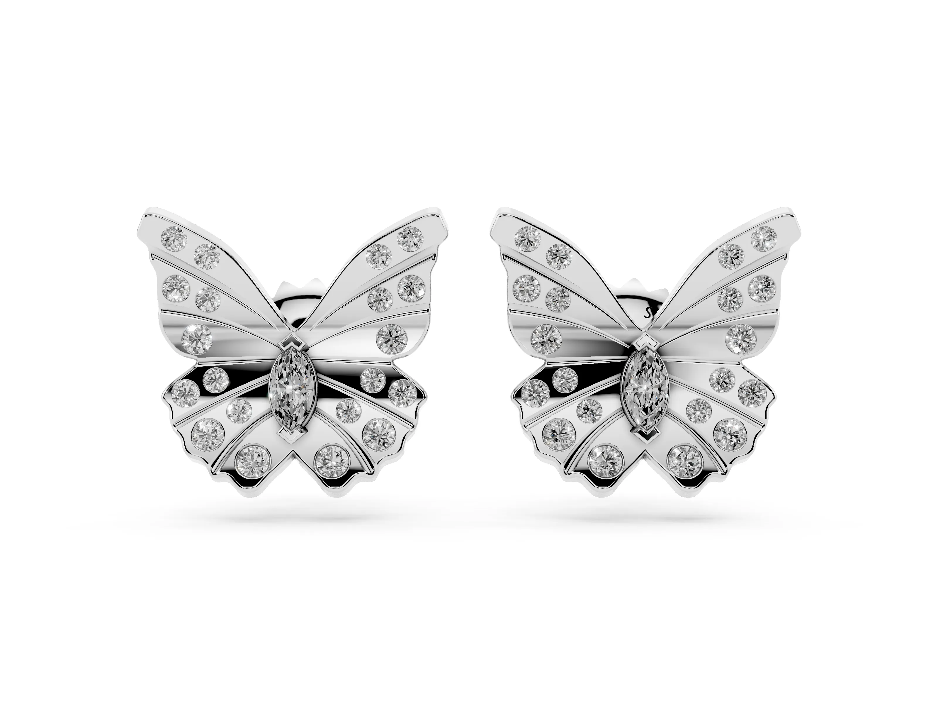 Marquise and Round Lab-Grown Diamond Butterfly Stud Earrings | Ridged Wings | White Gold