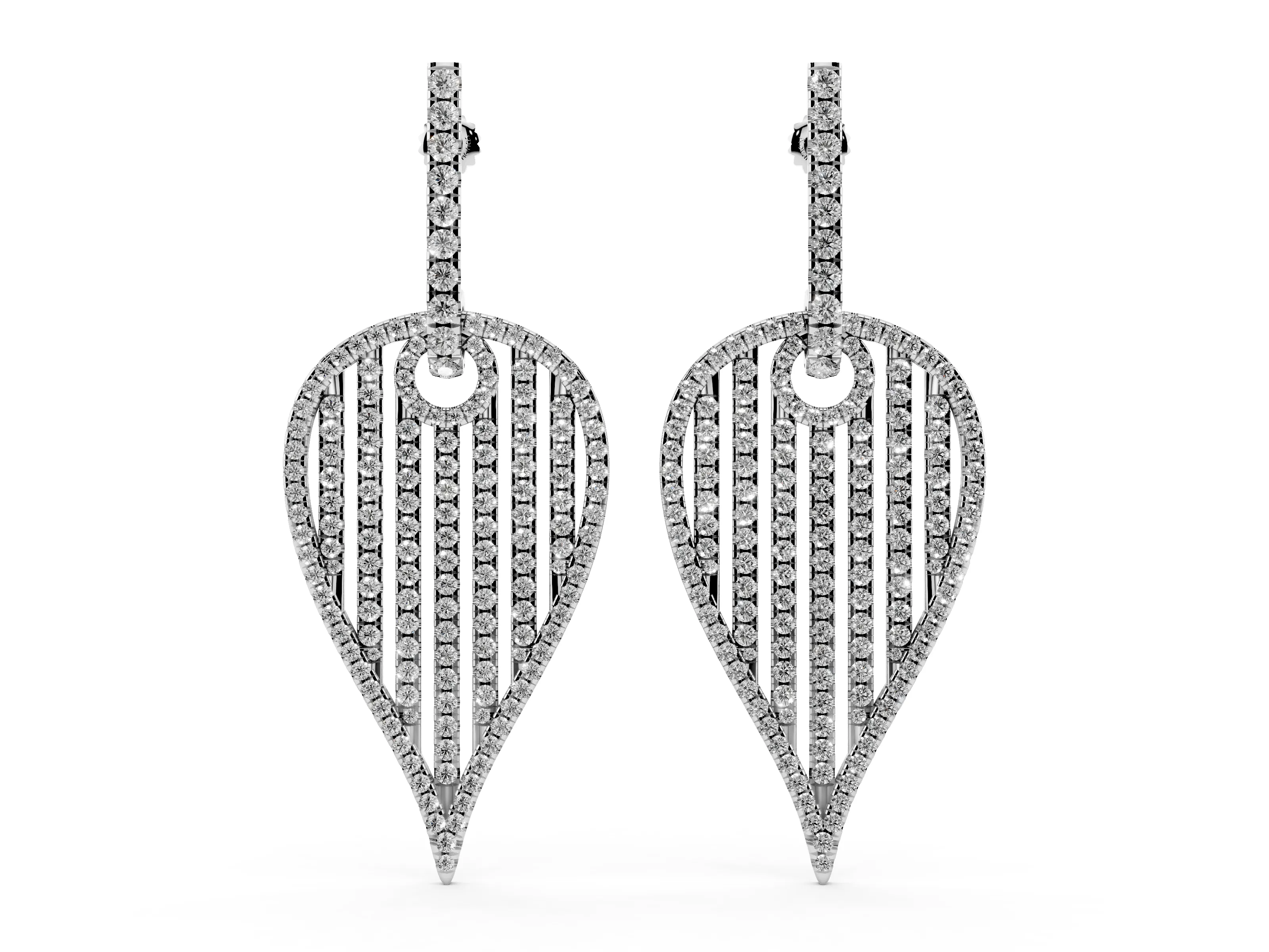 Round Lab-Grown Diamond Striped Teardrop Pavé Drop Earrings | Stone-Set Bar Top | Platinum