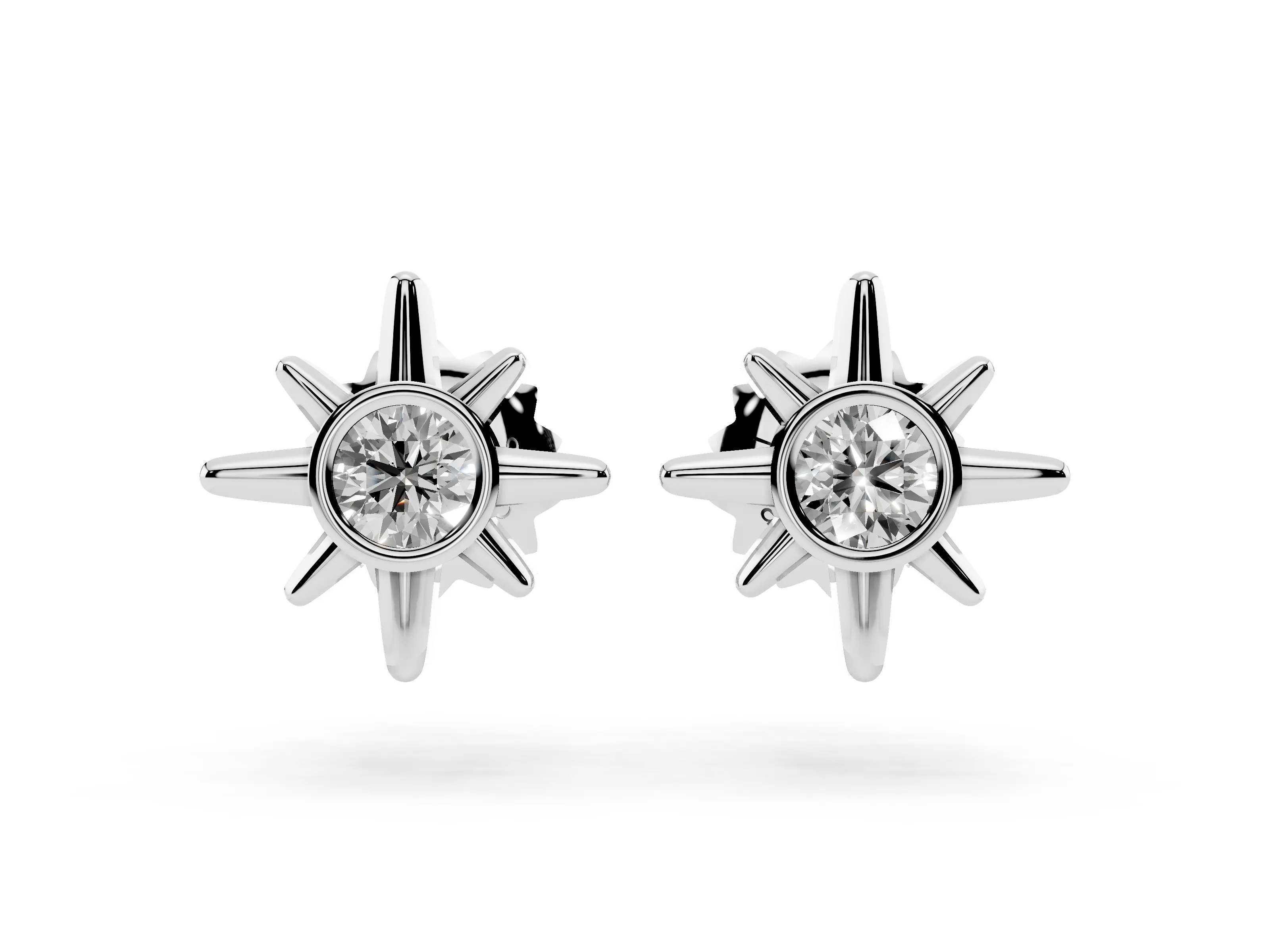 Round Lab-Grown Diamond Bezel Sun Starburst Stud Earrings | Polished Rays | Platinum