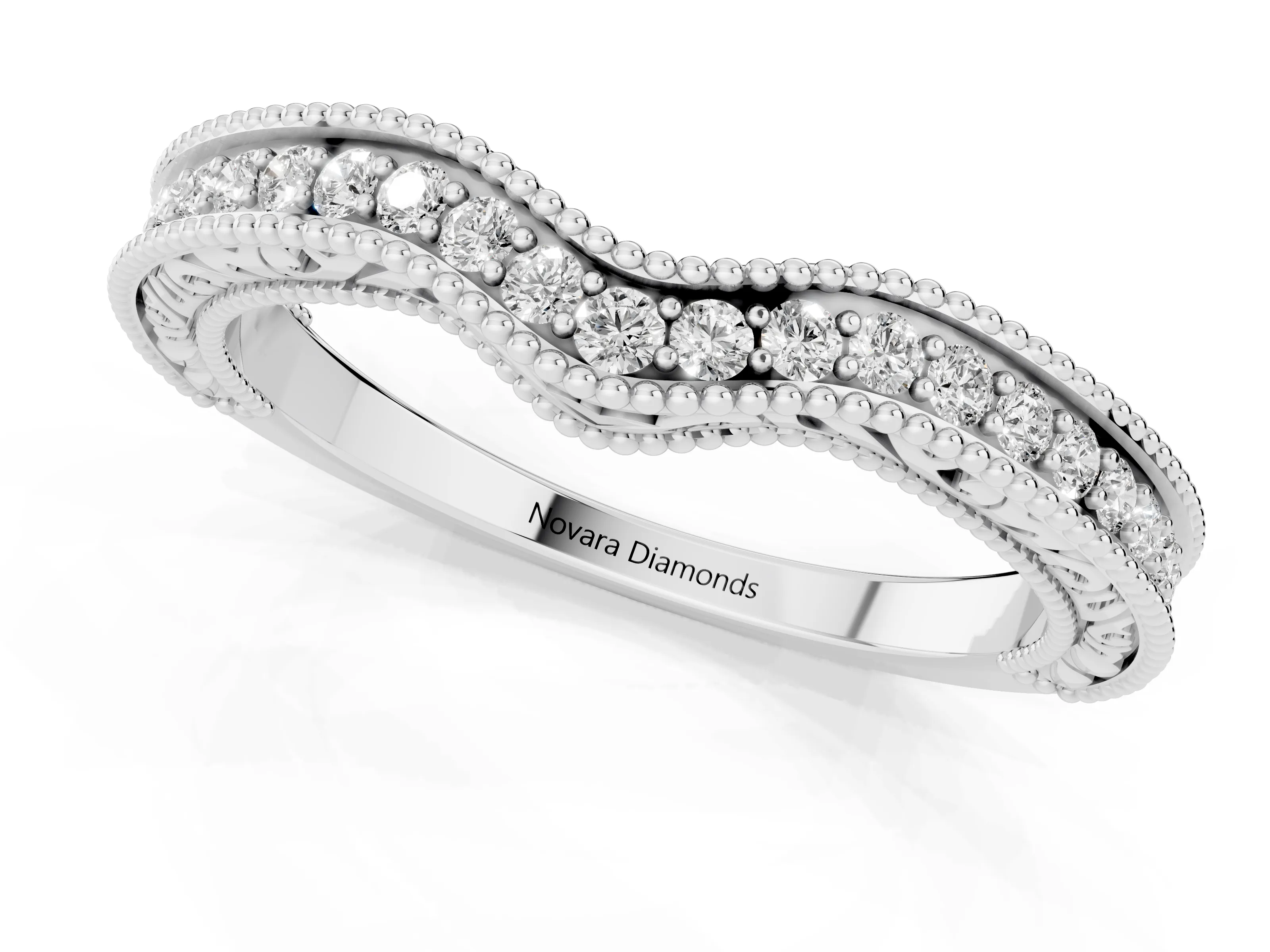 Round Diamond Curved Milgrain Band Set in Platinum with Pavé Row – second view