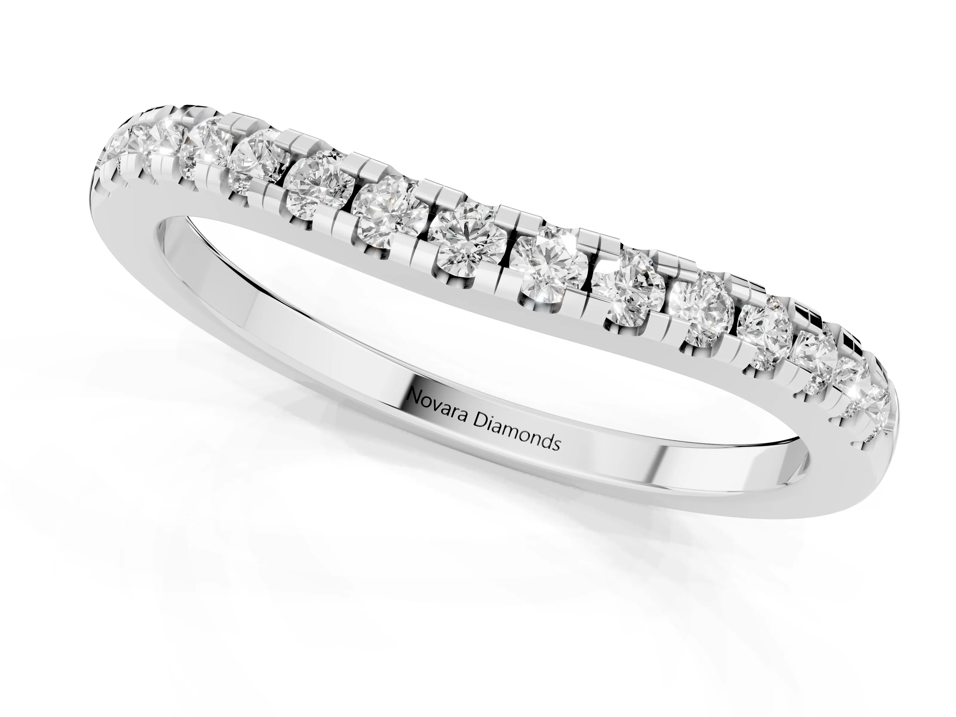 Round Diamond Curved Band Set in Platinum with Pavé Shared Prong Row – second view