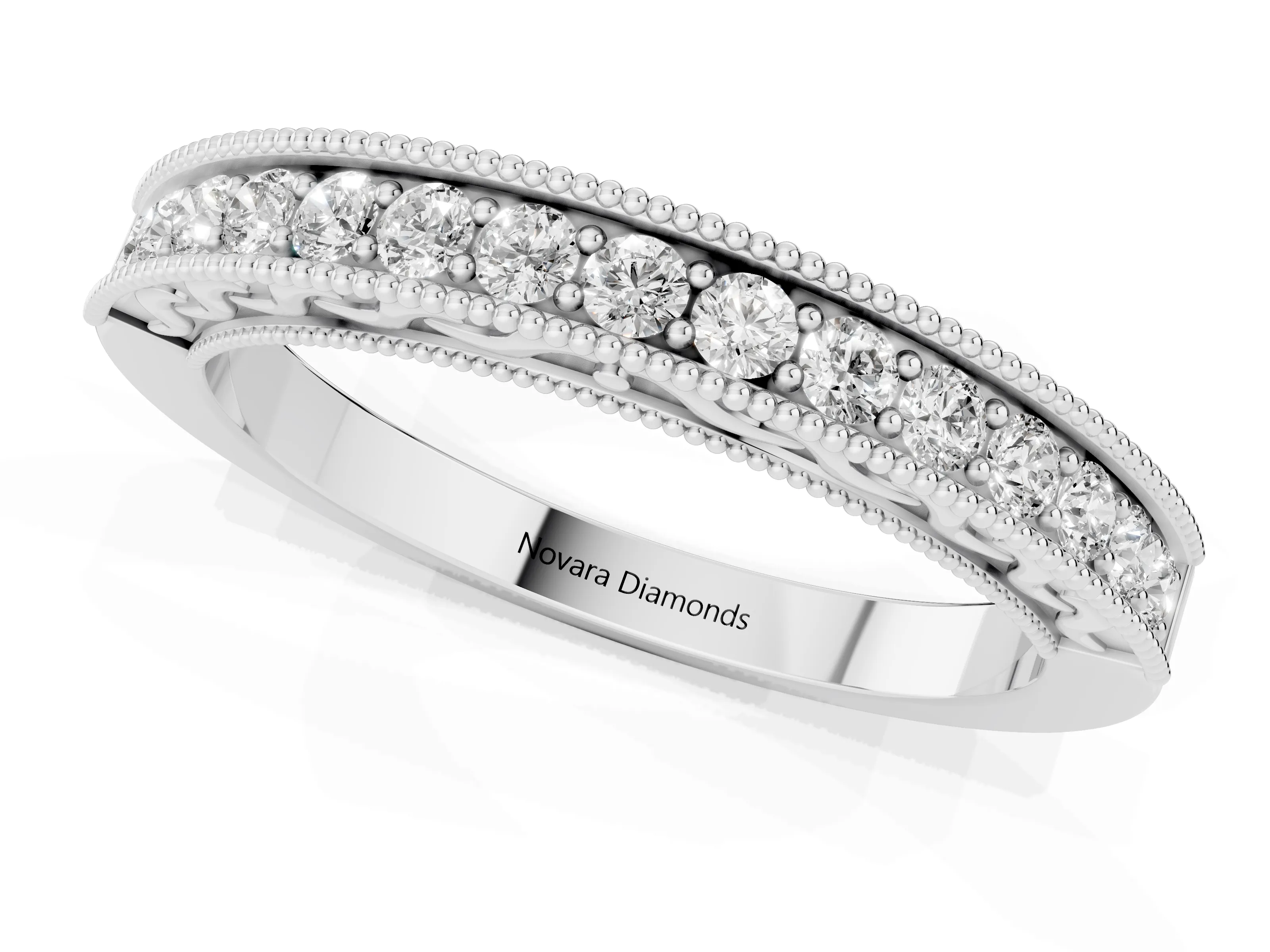Round Diamond Channel Eternity Band Set in Platinum with Milgrain Border and Smooth Channel Top – second view