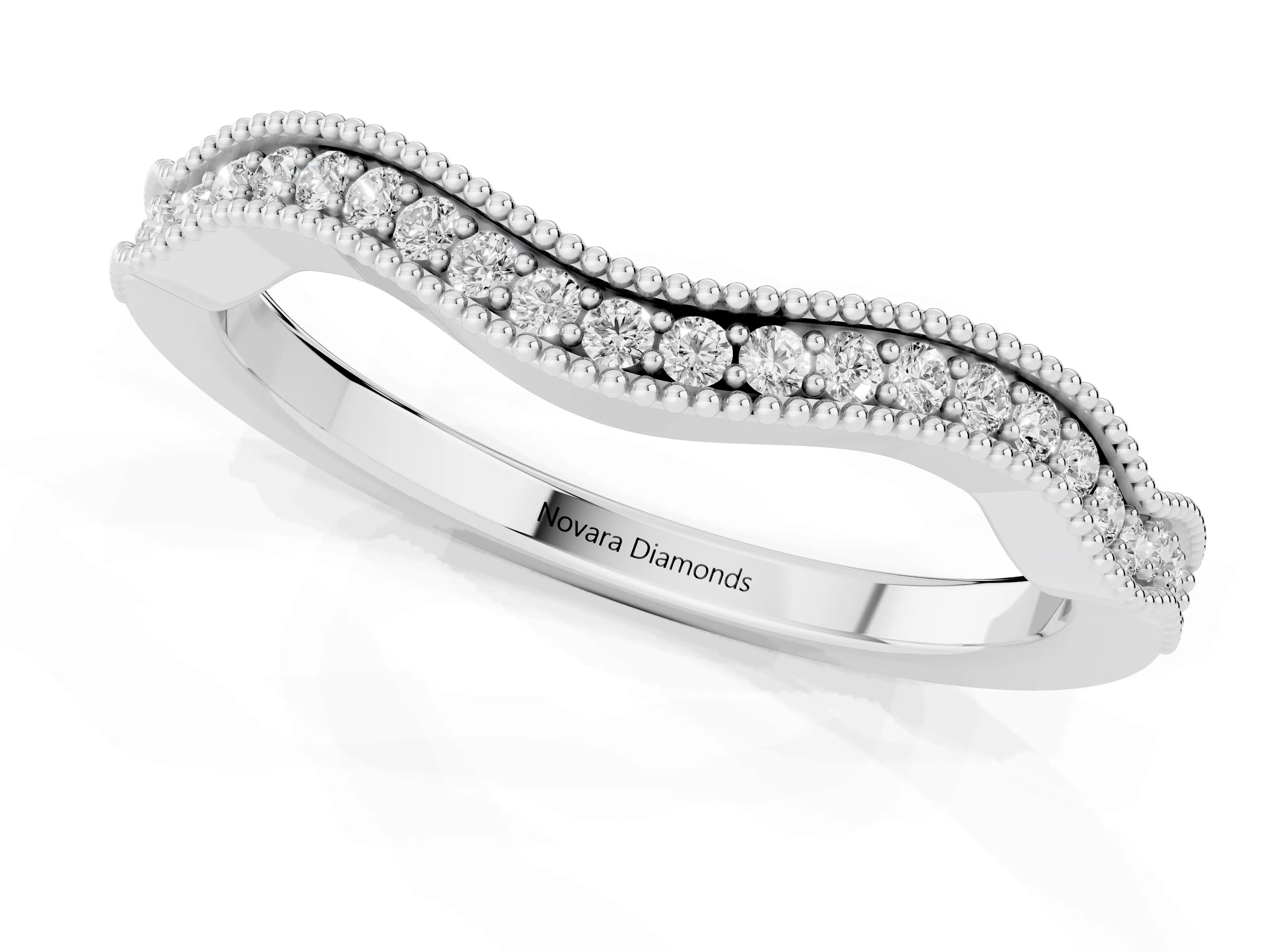 Round Diamond Curved Pavé Band Set in Platinum with Milgrain Detailing – second view