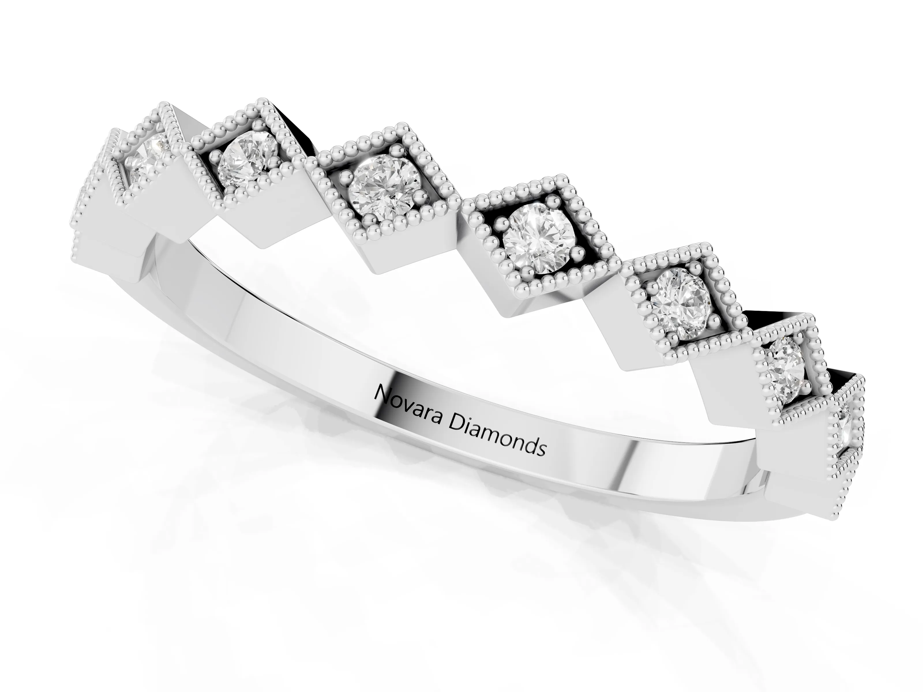 Round Cut Diamond Geometric Stackable Band Set in Platinum with Milgrain Bezel Setting – second view