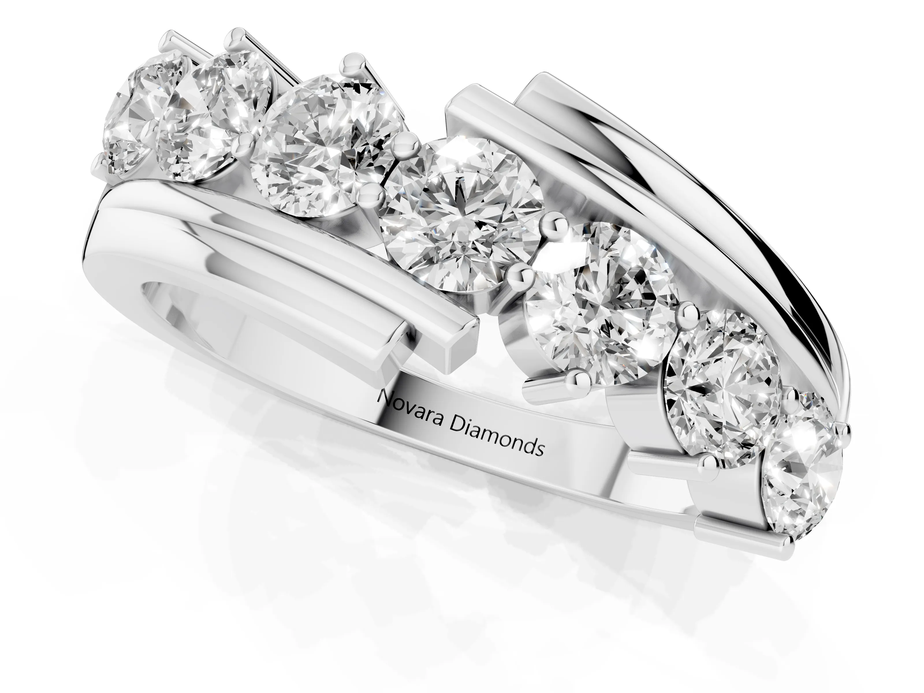 Round Diamond Wave Band Set in Platinum with Channel and Shared Prong Setting – second view