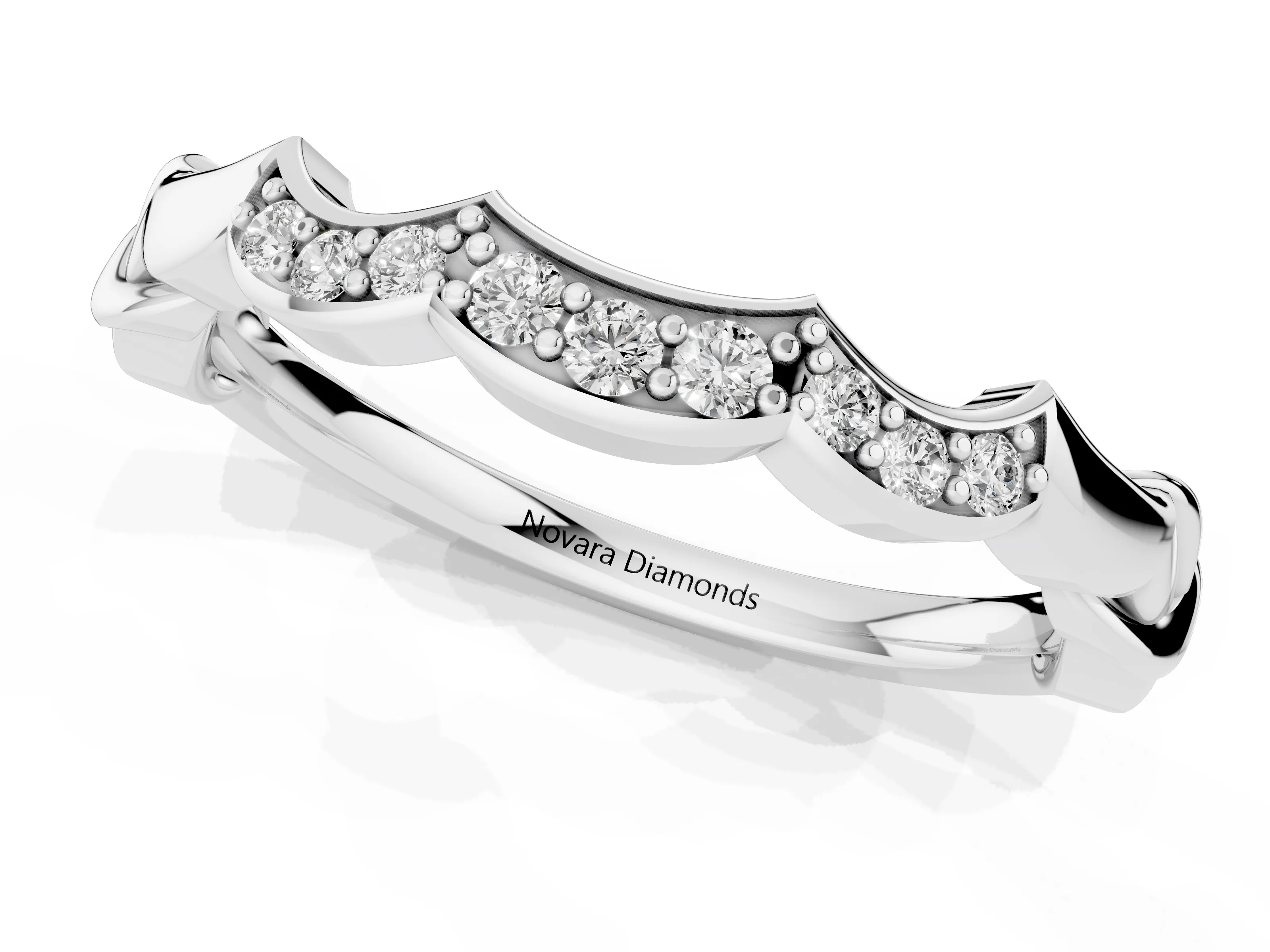 Round Diamond Scalloped Curved Band Set in Platinum with Shared Prong Setting – second view