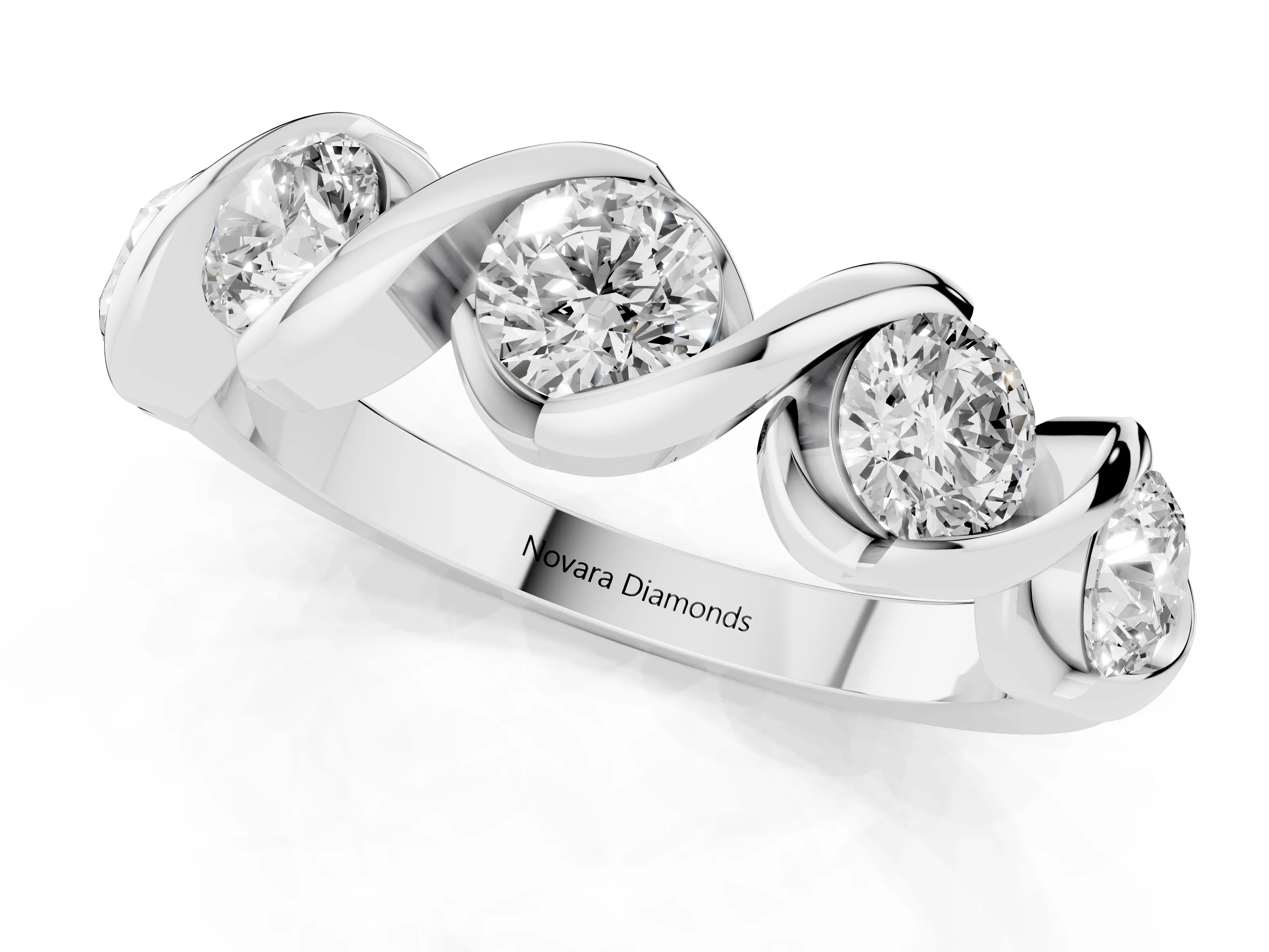 Round Diamond Flowing Wave Band Set in White gold with Channel Walls and Shared Prongs – second view