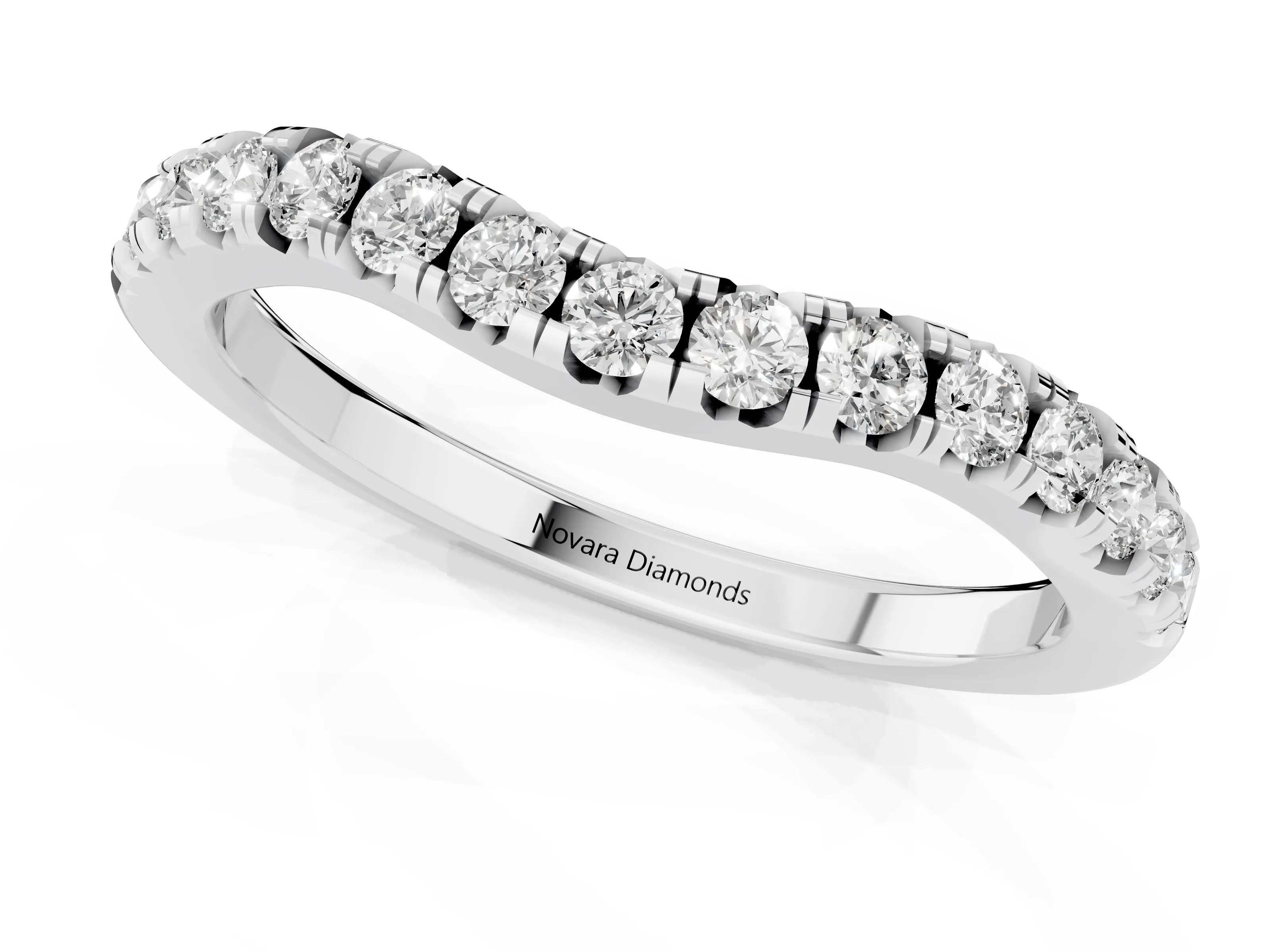 Round Diamond Curved Pavé Wedding Band Set in Platinum with Shared Prongs – second view