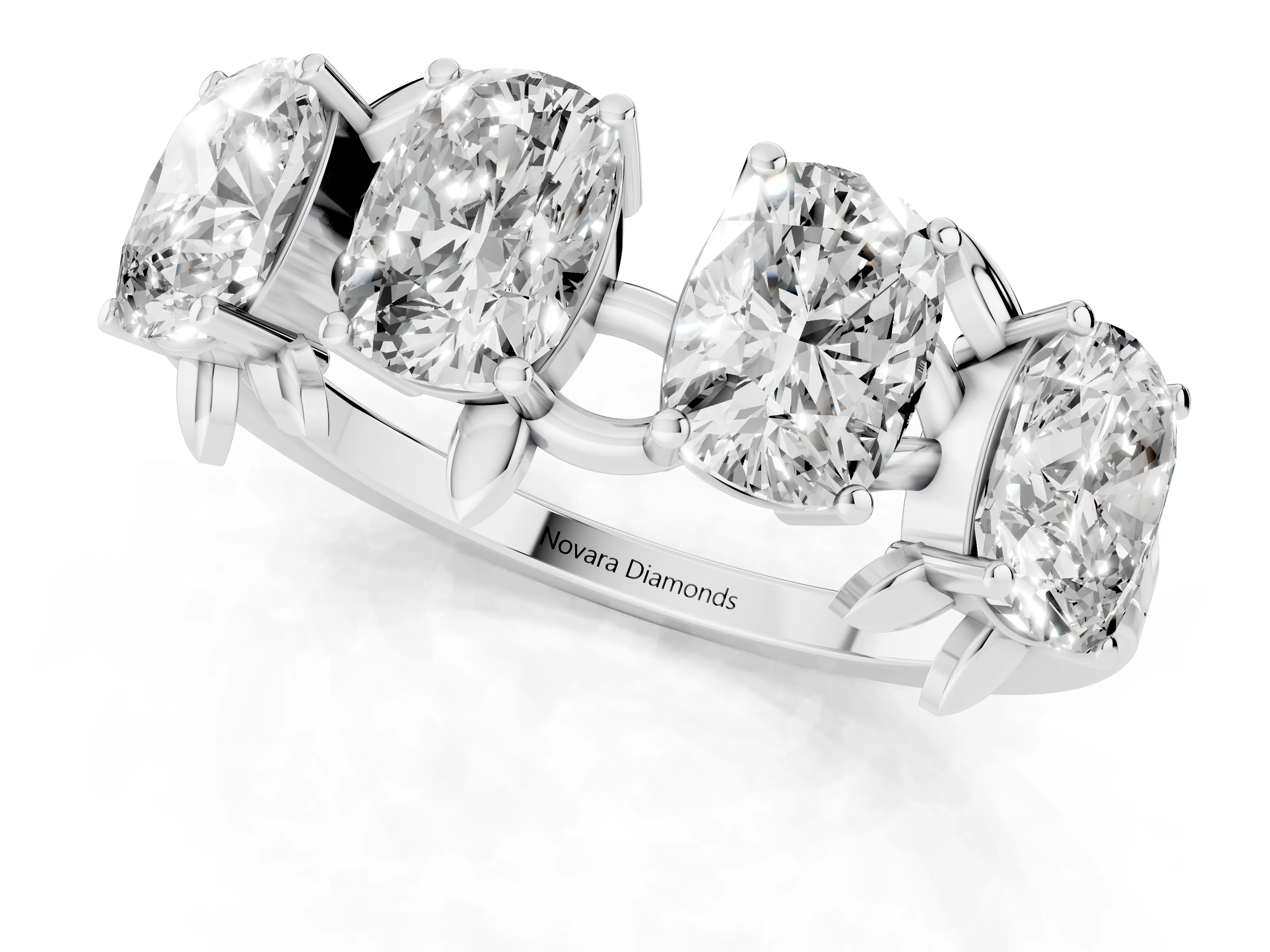 Elongated Cushion Diamond Four-Stone Band Set in White gold with Leaf Prong Setting – second view