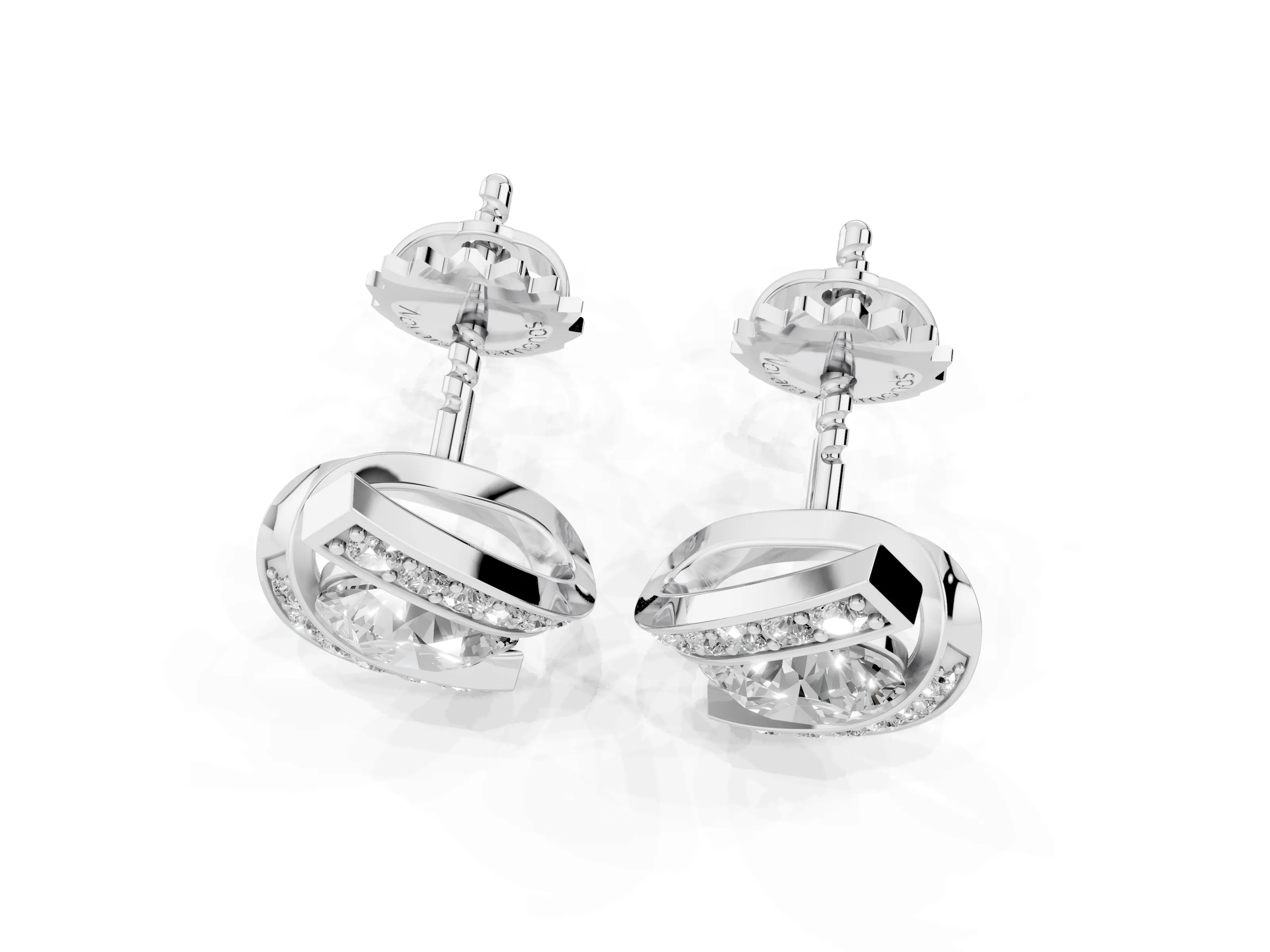 Round Diamond Curve Wave Stud Earrings Set in Platinum with Pavé Accents – second view