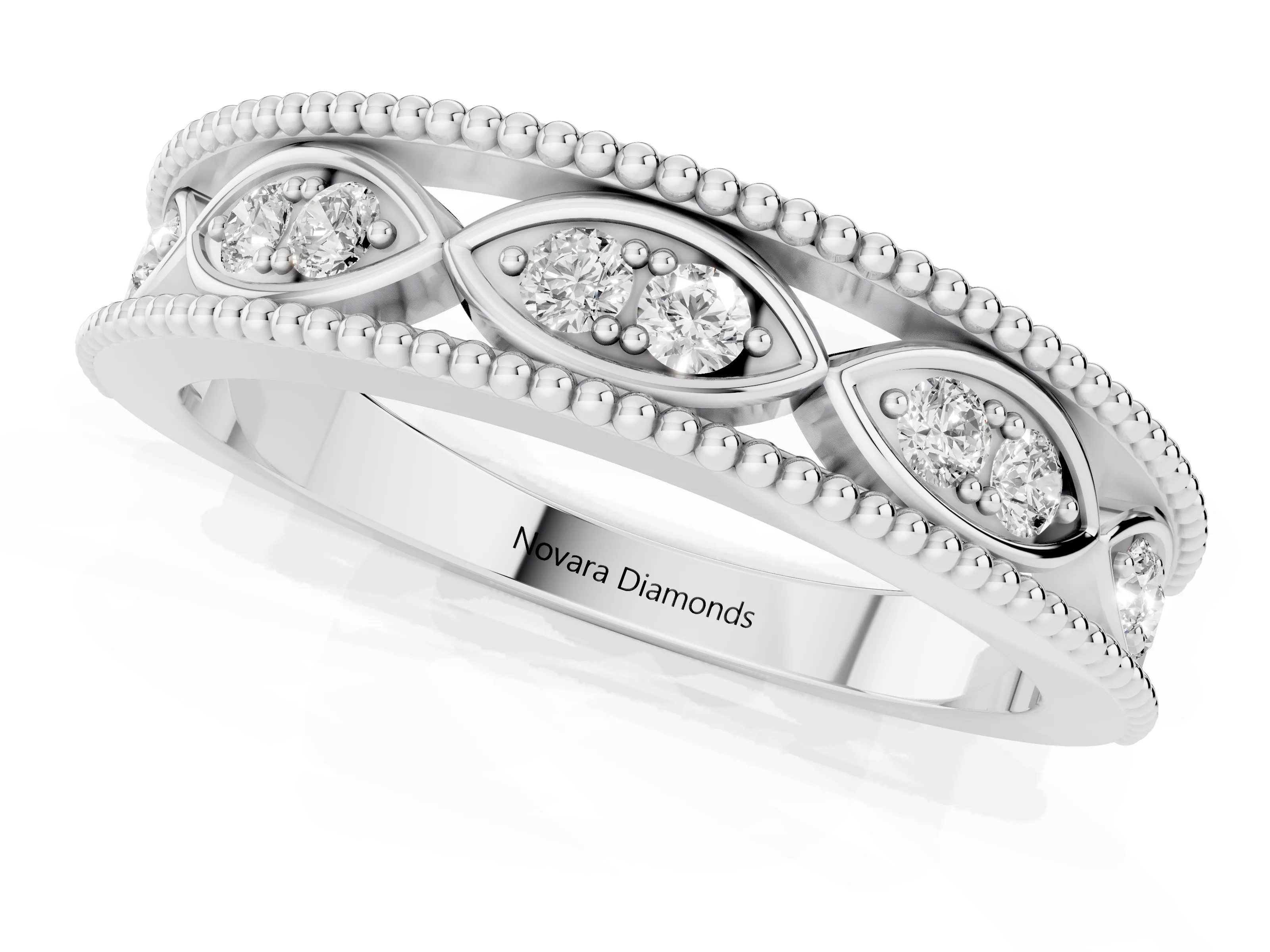 Round Diamond Marquise Shape Band Set in Platinum with Milgrain Detail and Prong Setting – second view