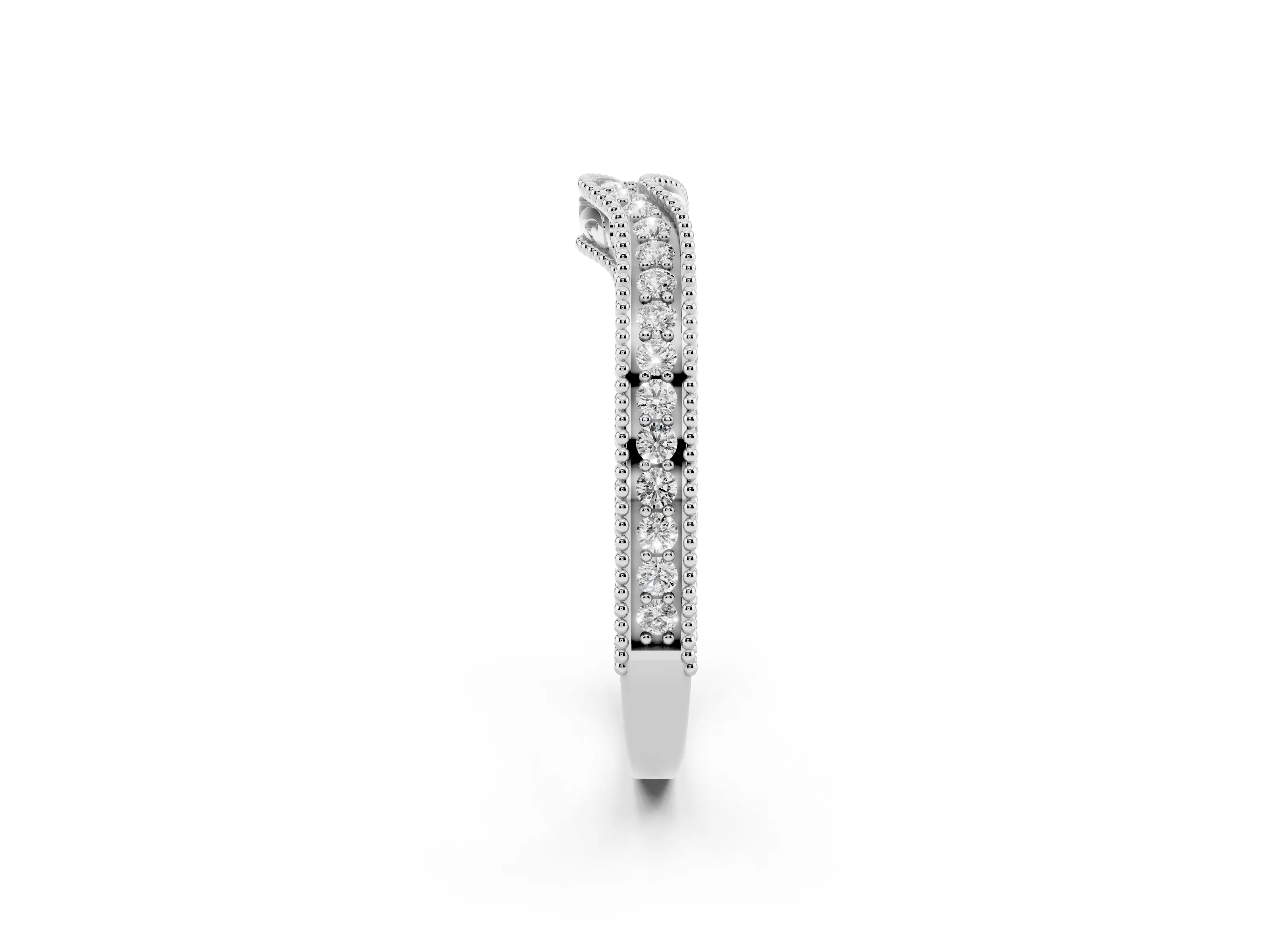 Round Diamond Curved Milgrain Band Set in Silver with Pavé Row