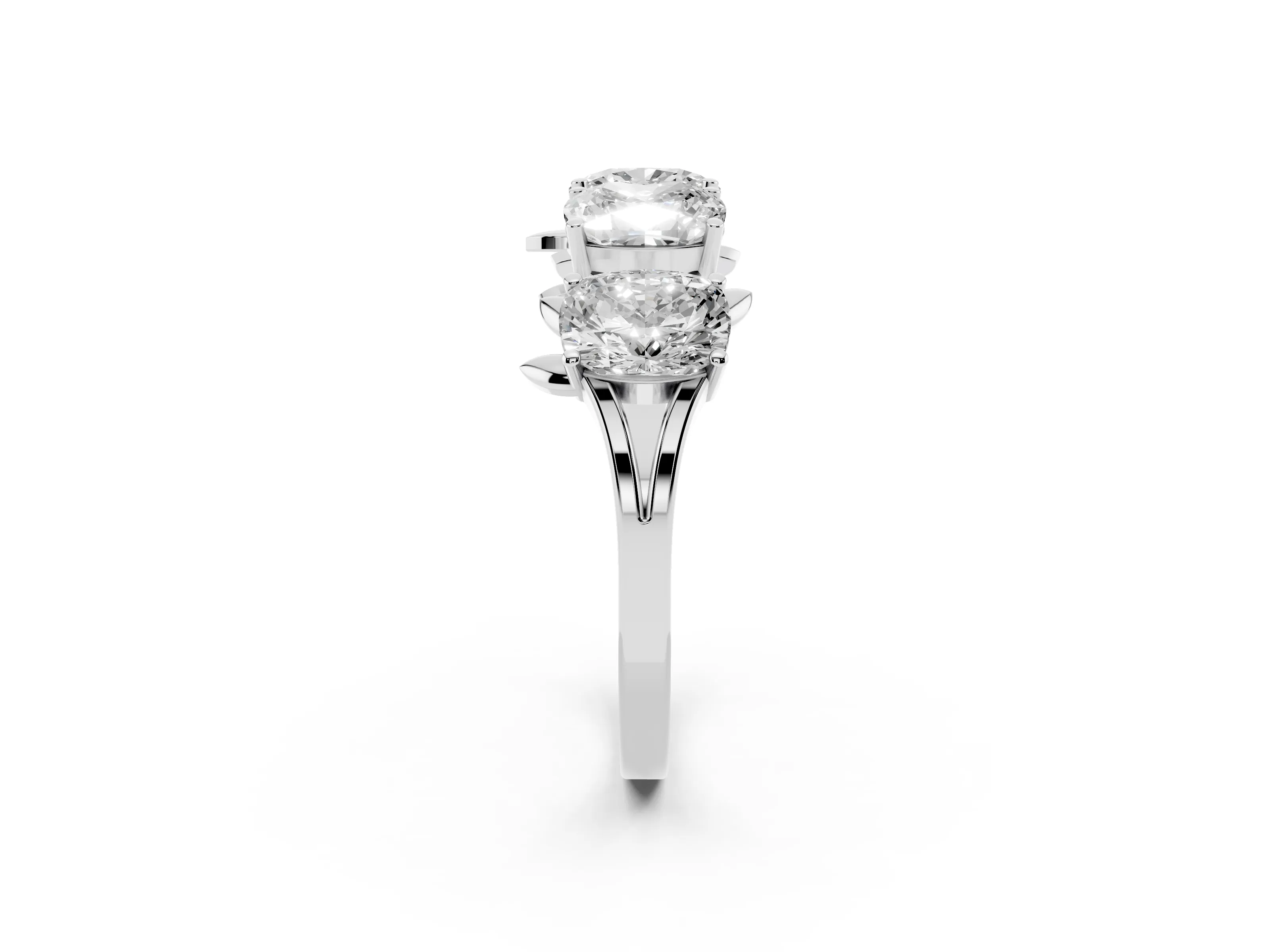 Elongated Cushion Diamond Four-Stone Band Set in White gold with Leaf Prong Setting