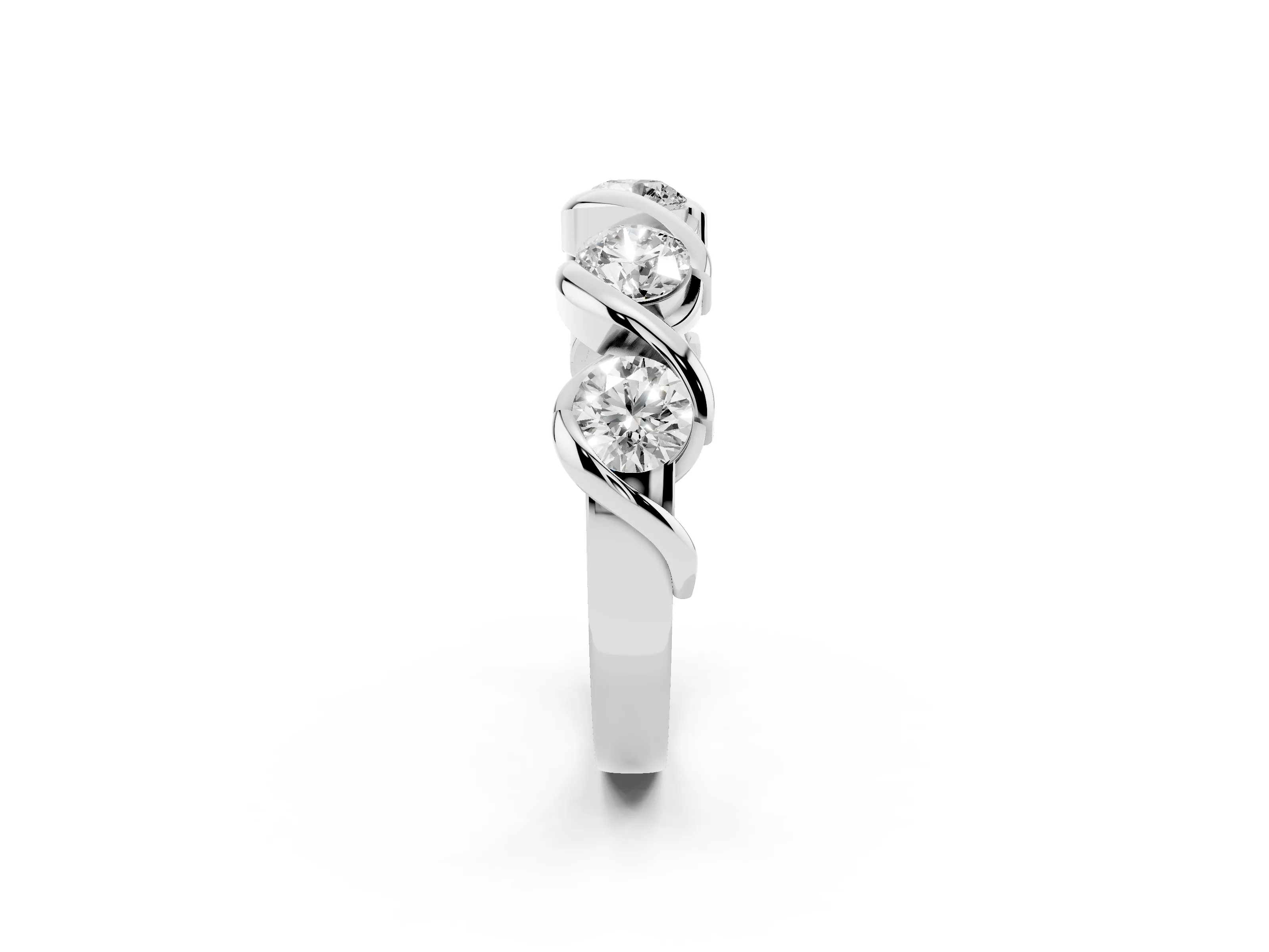 Round Diamond Flowing Wave Band Set in Silver with Channel Walls and Shared Prongs