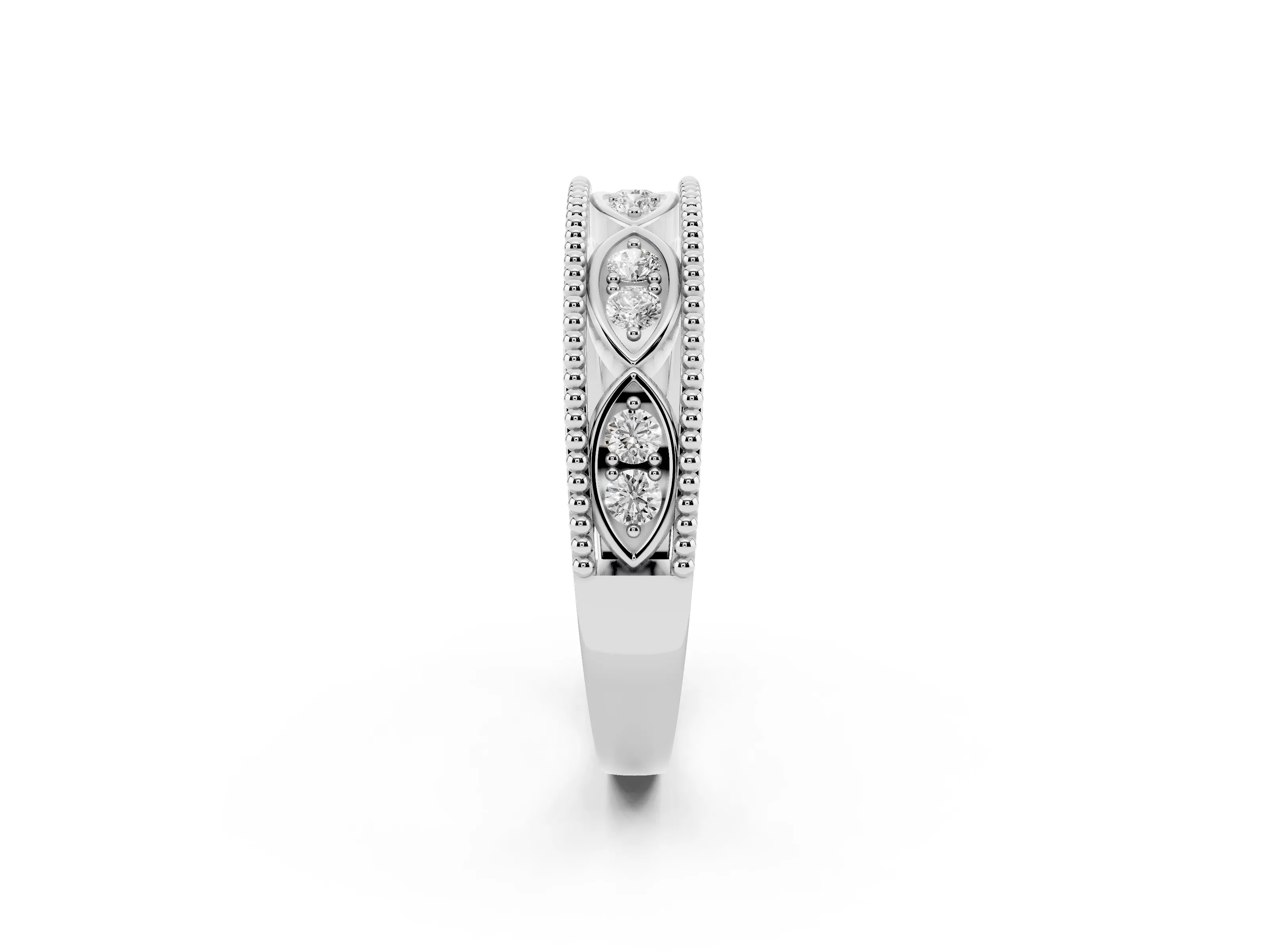 Round Diamond Marquise Shape Band Set in White gold with Milgrain Detail and Prong Setting