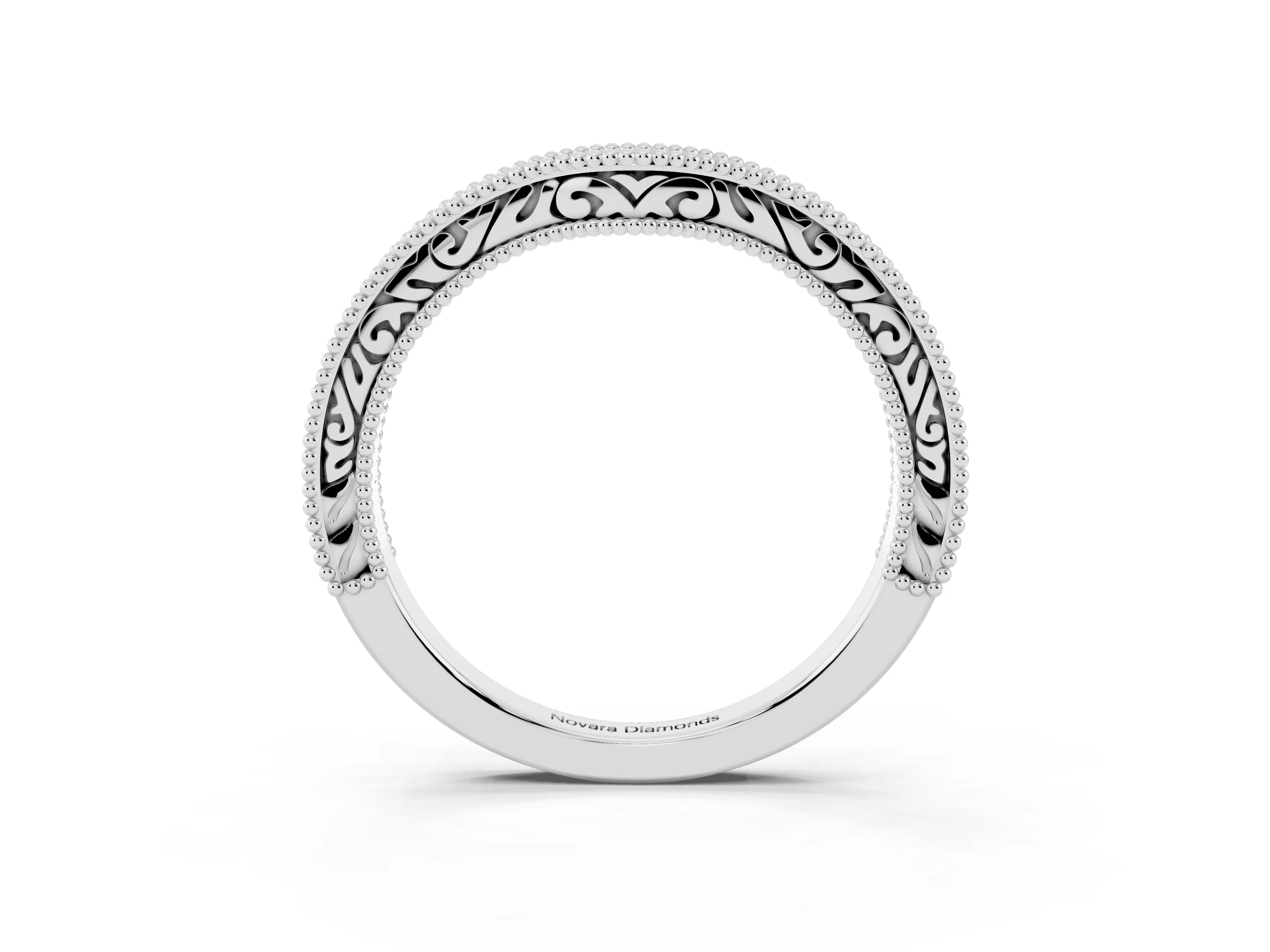 Round Diamond Curved Milgrain Band Set in Silver with Pavé Row