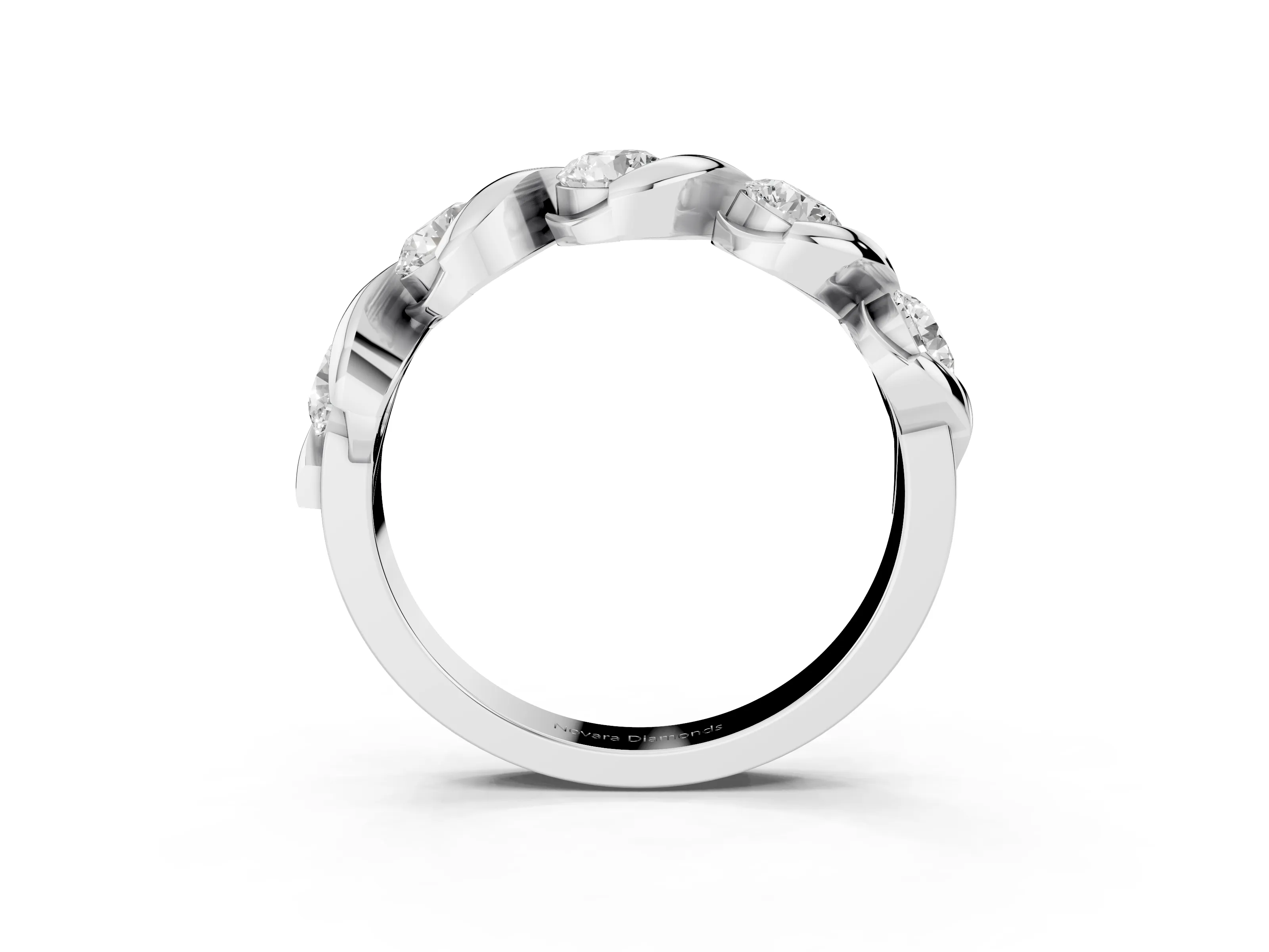 Round Diamond Flowing Wave Band Set in Silver with Channel Walls and Shared Prongs