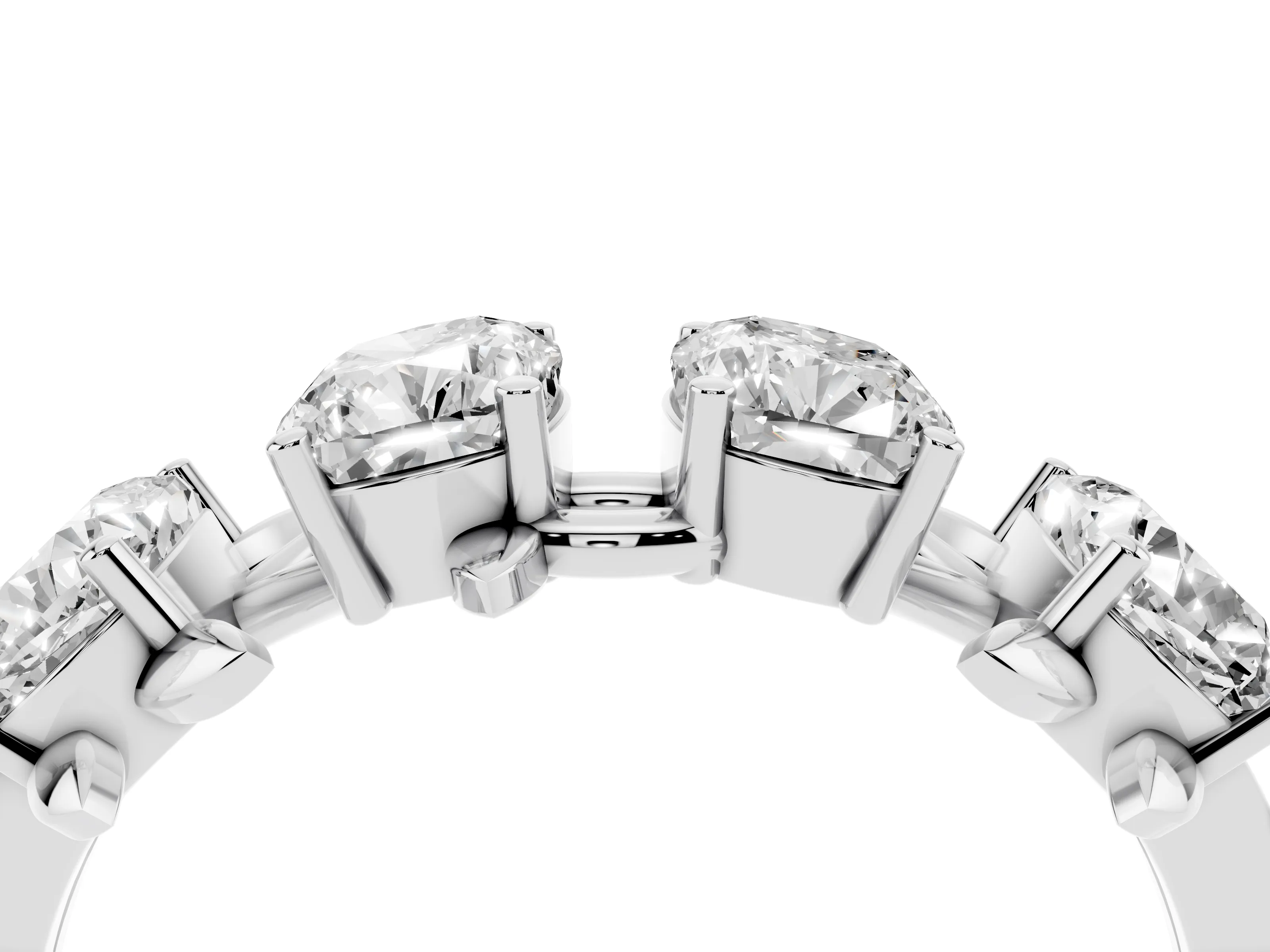 Elongated Cushion Diamond Four-Stone Band Set in White gold with Leaf Prong Setting