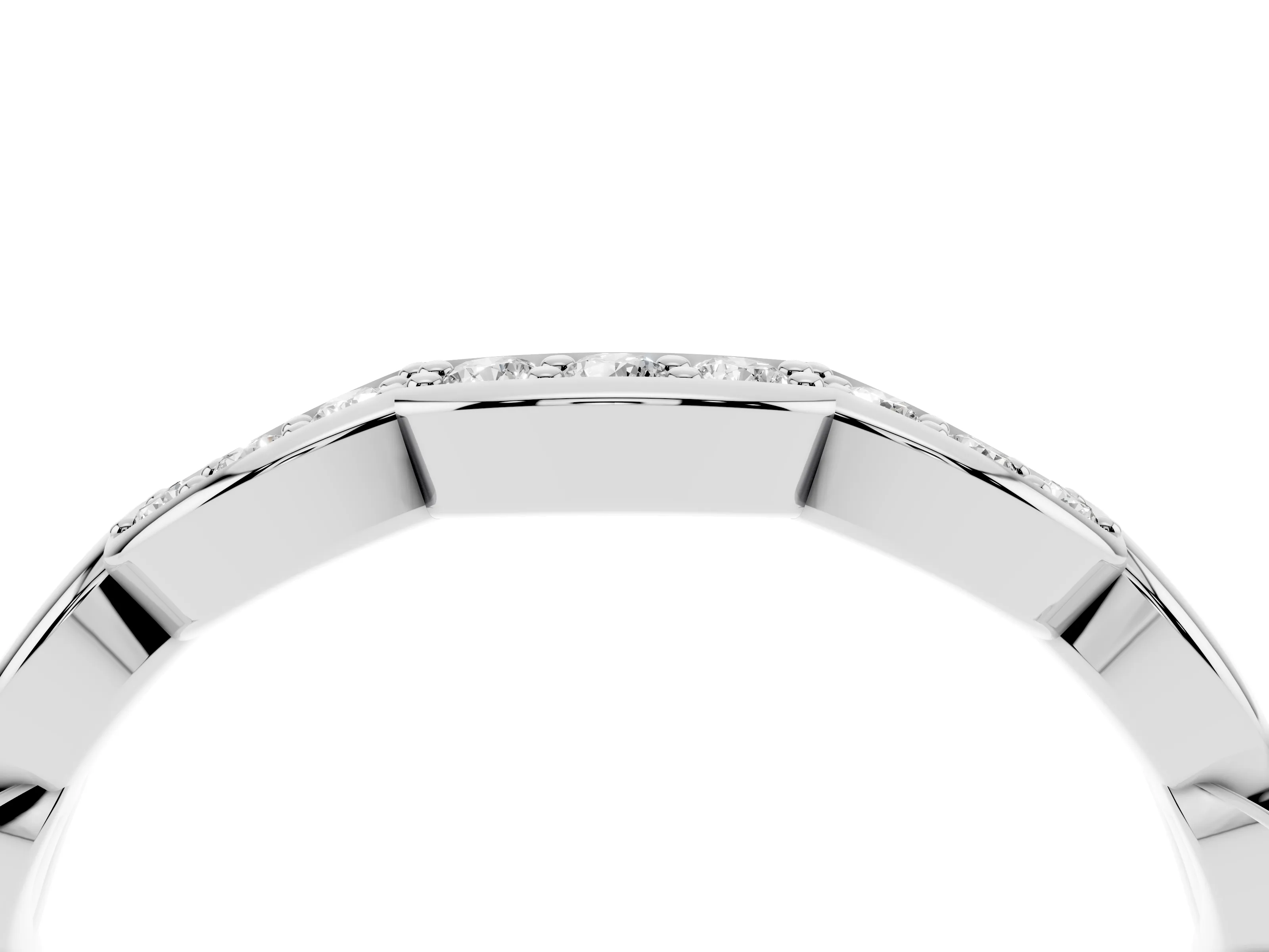 Round Diamond Scalloped Curved Band Set in Silver with Shared Prong Setting
