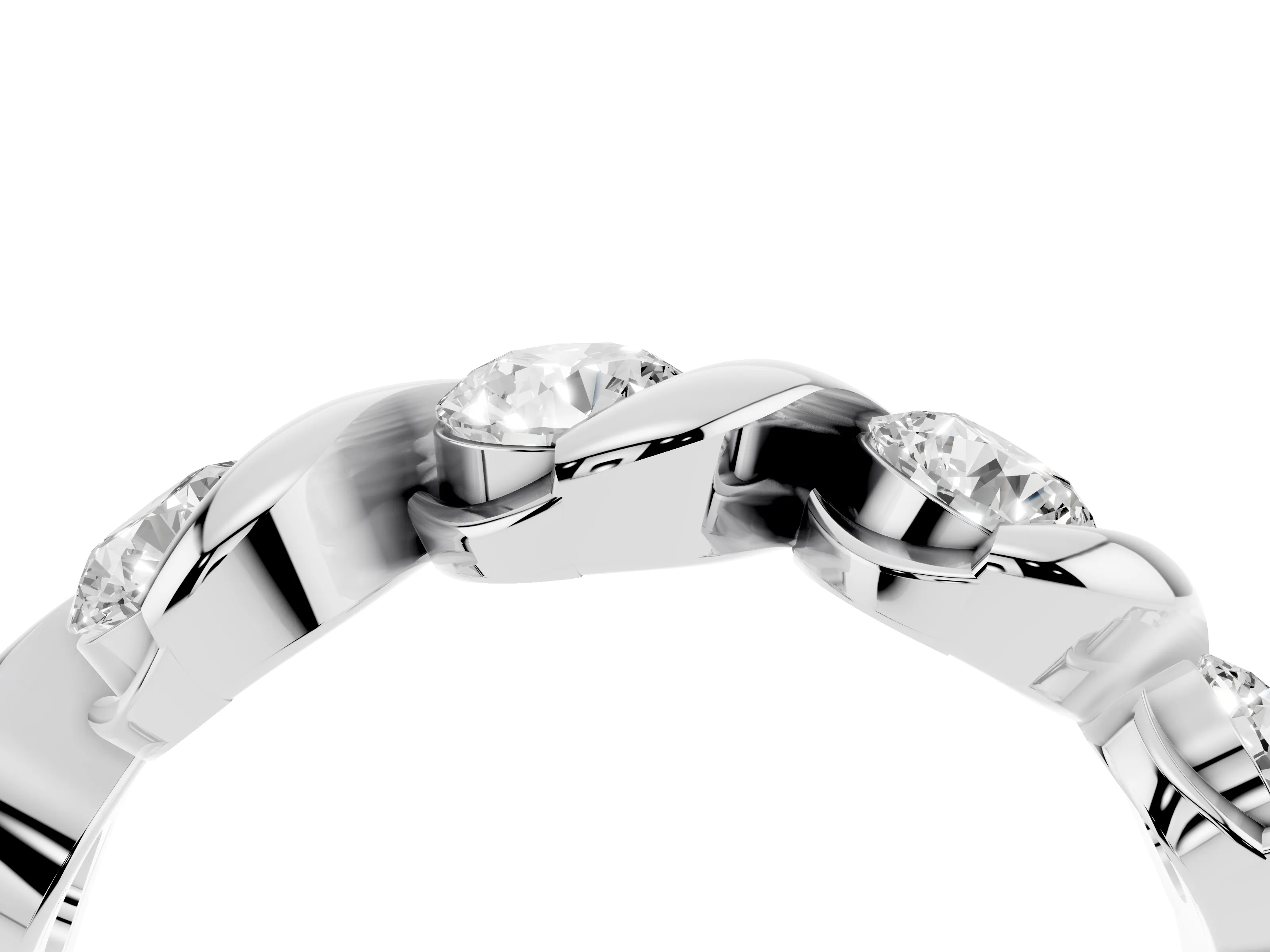 Round Diamond Flowing Wave Band Set in Silver with Channel Walls and Shared Prongs