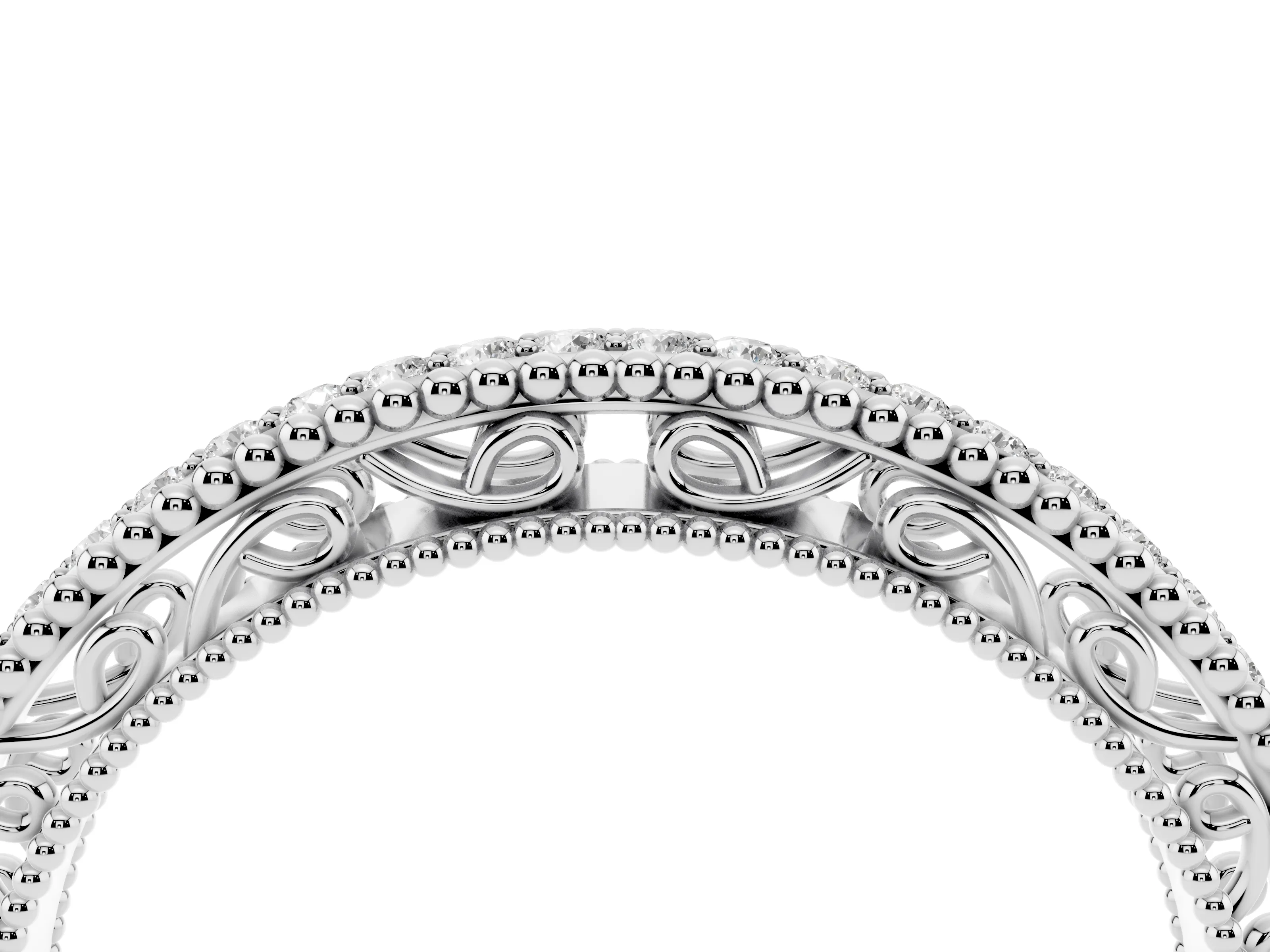 Round Diamond Pavé Eternity Band Set in White gold with Milgrain Edges