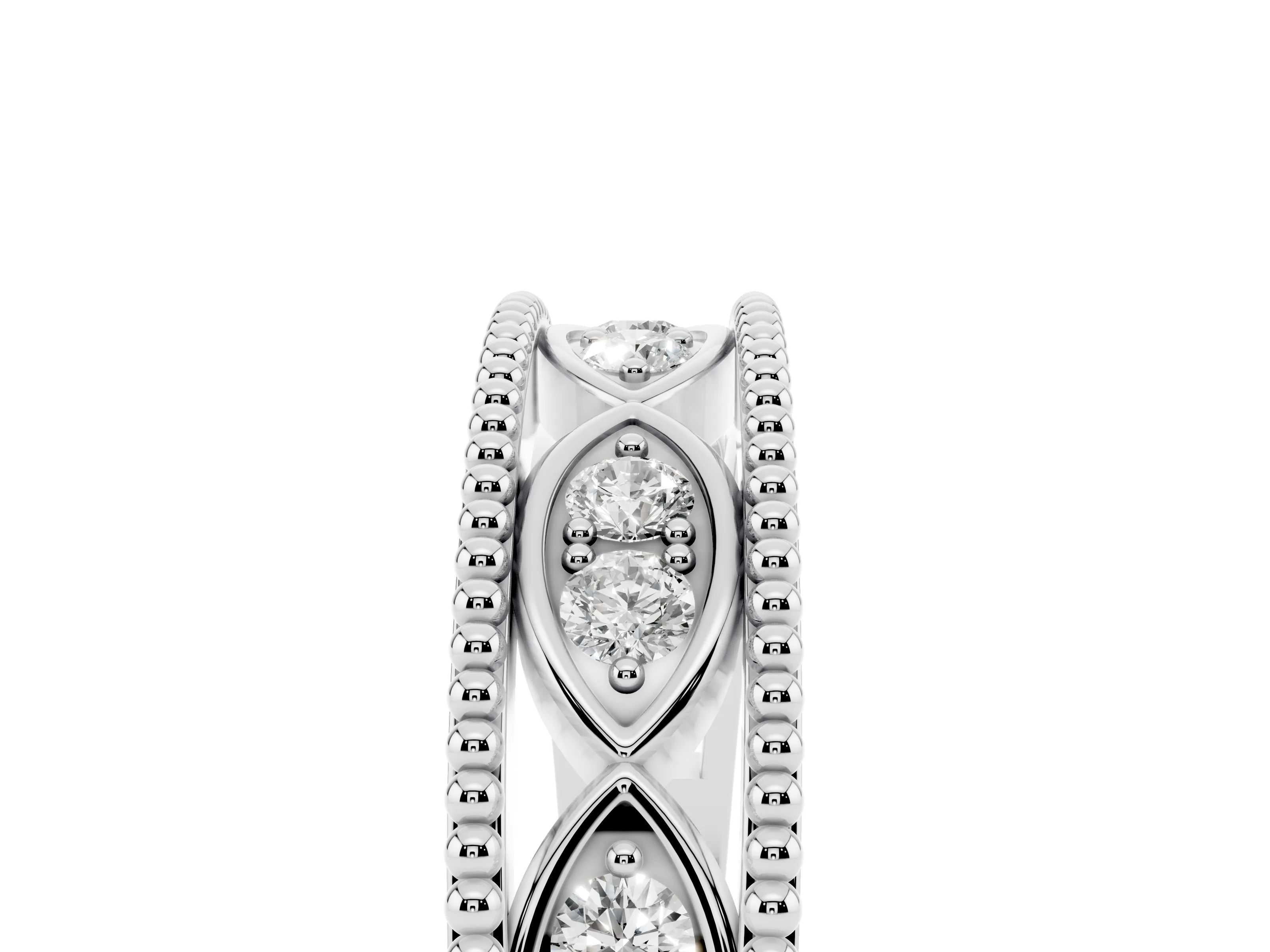 Round Diamond Marquise Shape Band Set in White gold with Milgrain Detail and Prong Setting