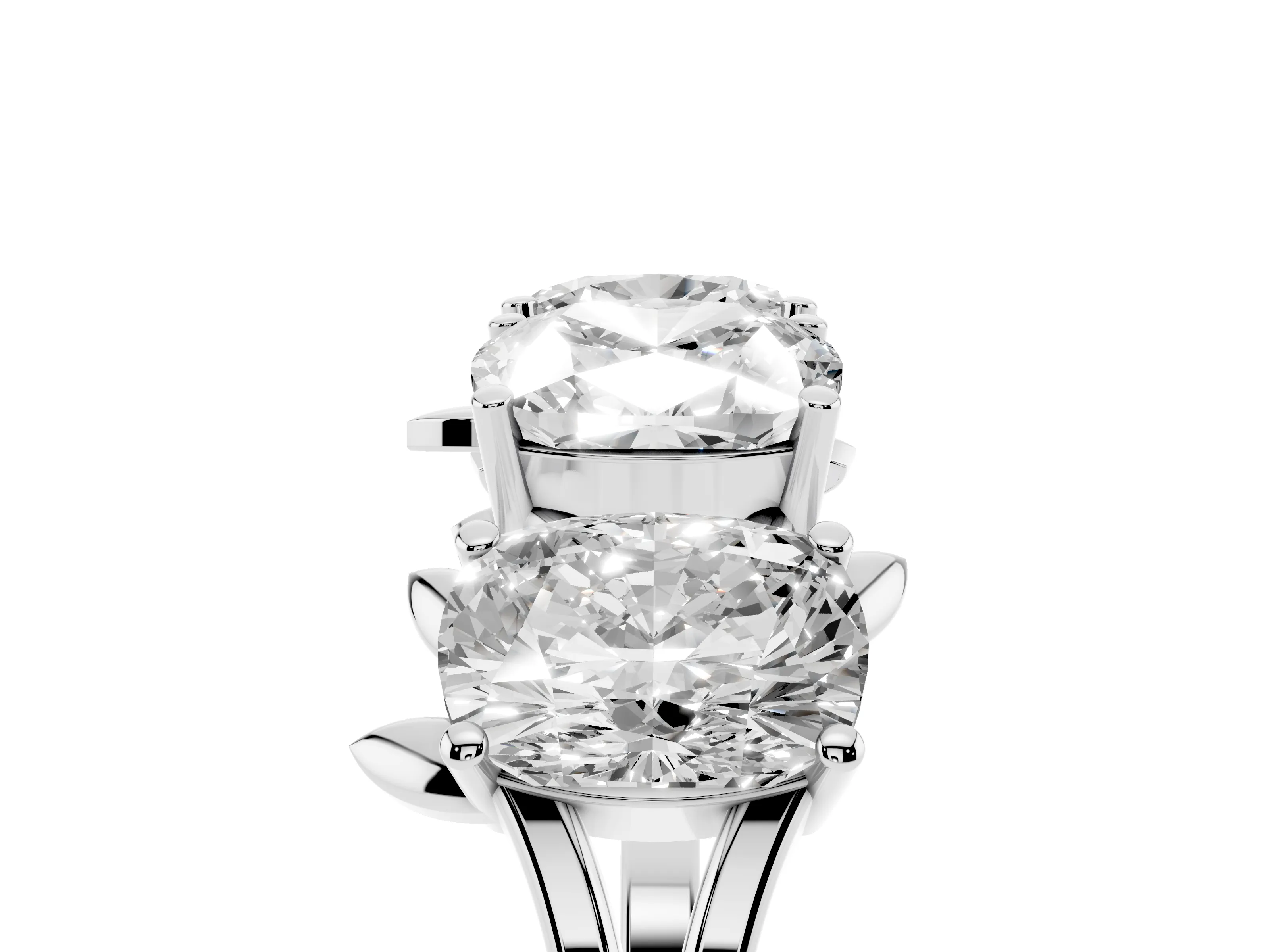Elongated Cushion Diamond Four-Stone Band Set in White gold with Leaf Prong Setting