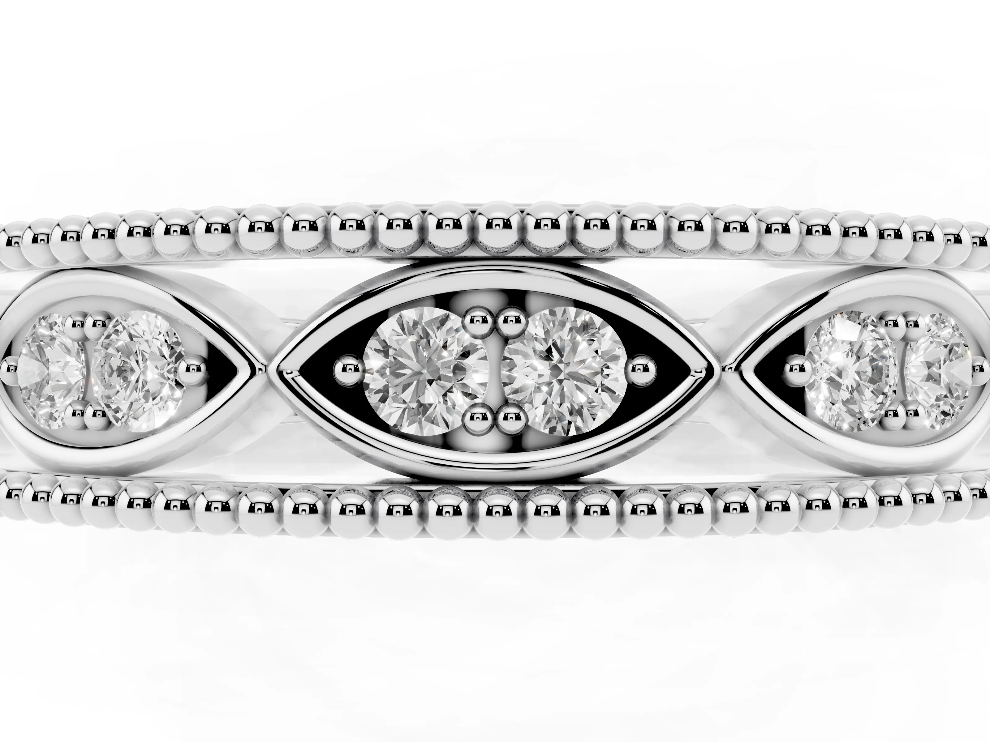 Round Diamond Marquise Shape Band Set in White gold with Milgrain Detail and Prong Setting