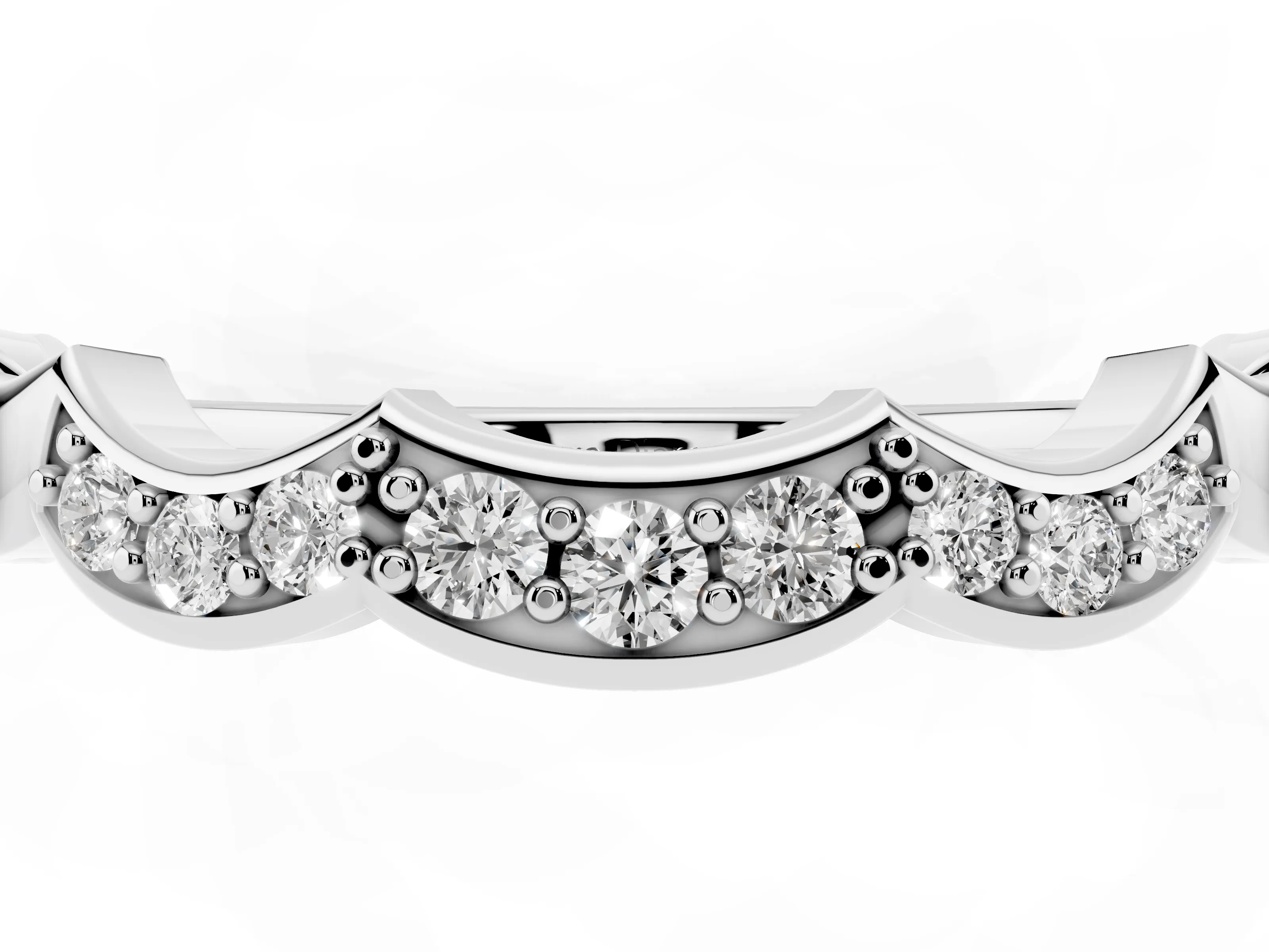 Round Diamond Scalloped Curved Band Set in Silver with Shared Prong Setting