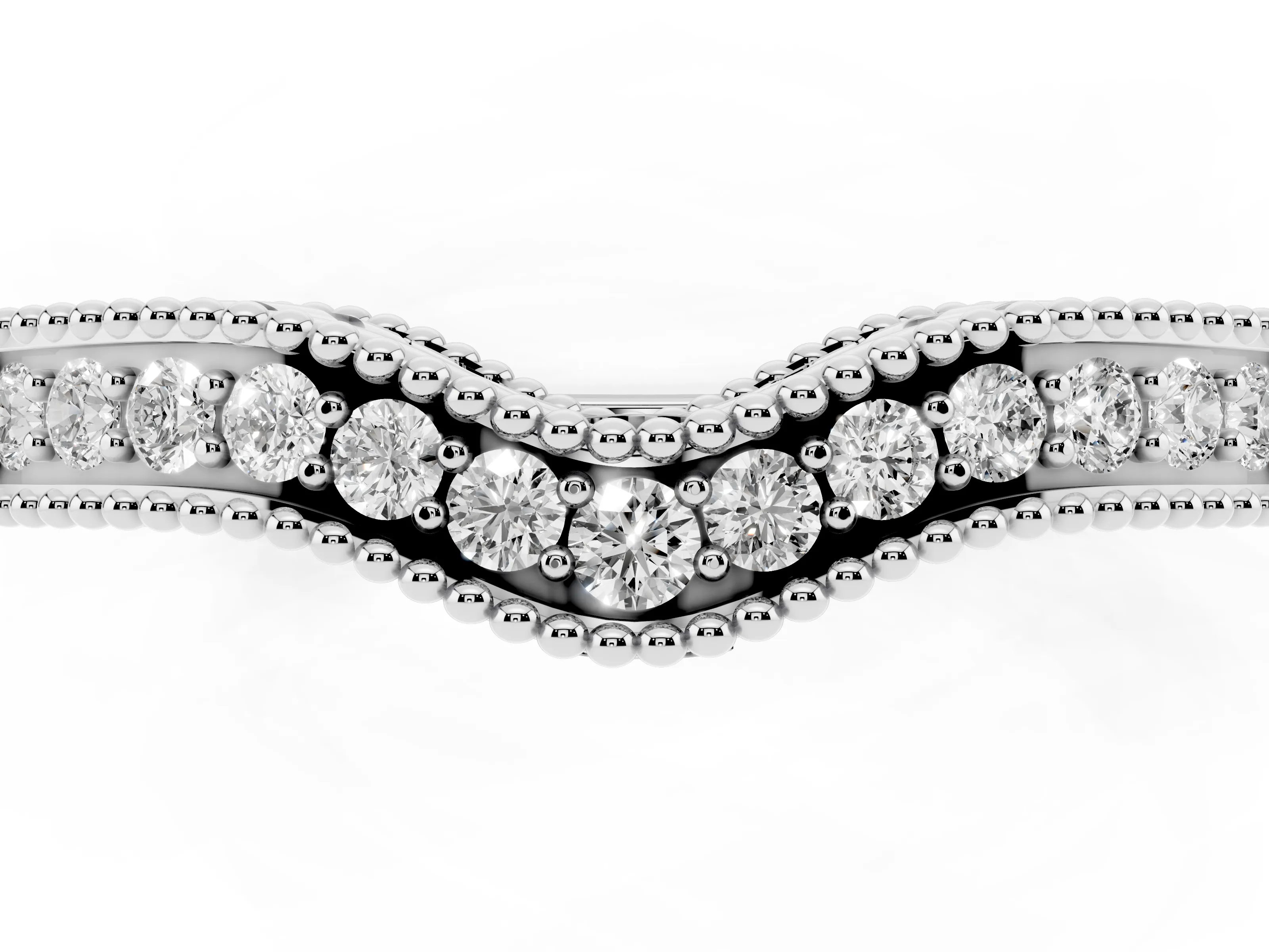 Round Diamond Curved Milgrain Band Set in Silver with Pavé Row