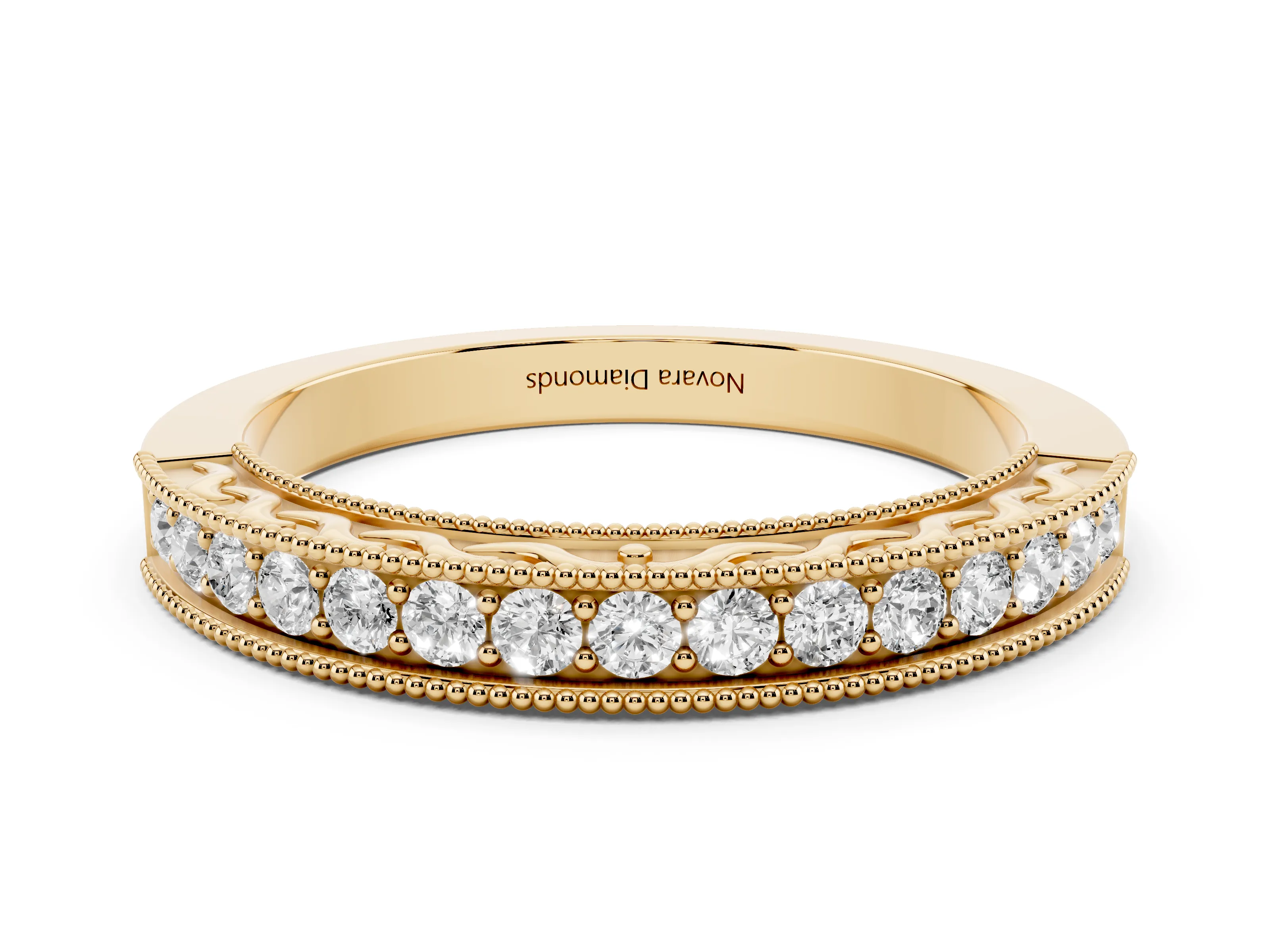 Round Diamond Channel Eternity Band Set in Yellow gold with Milgrain Border and Smooth Channel Top