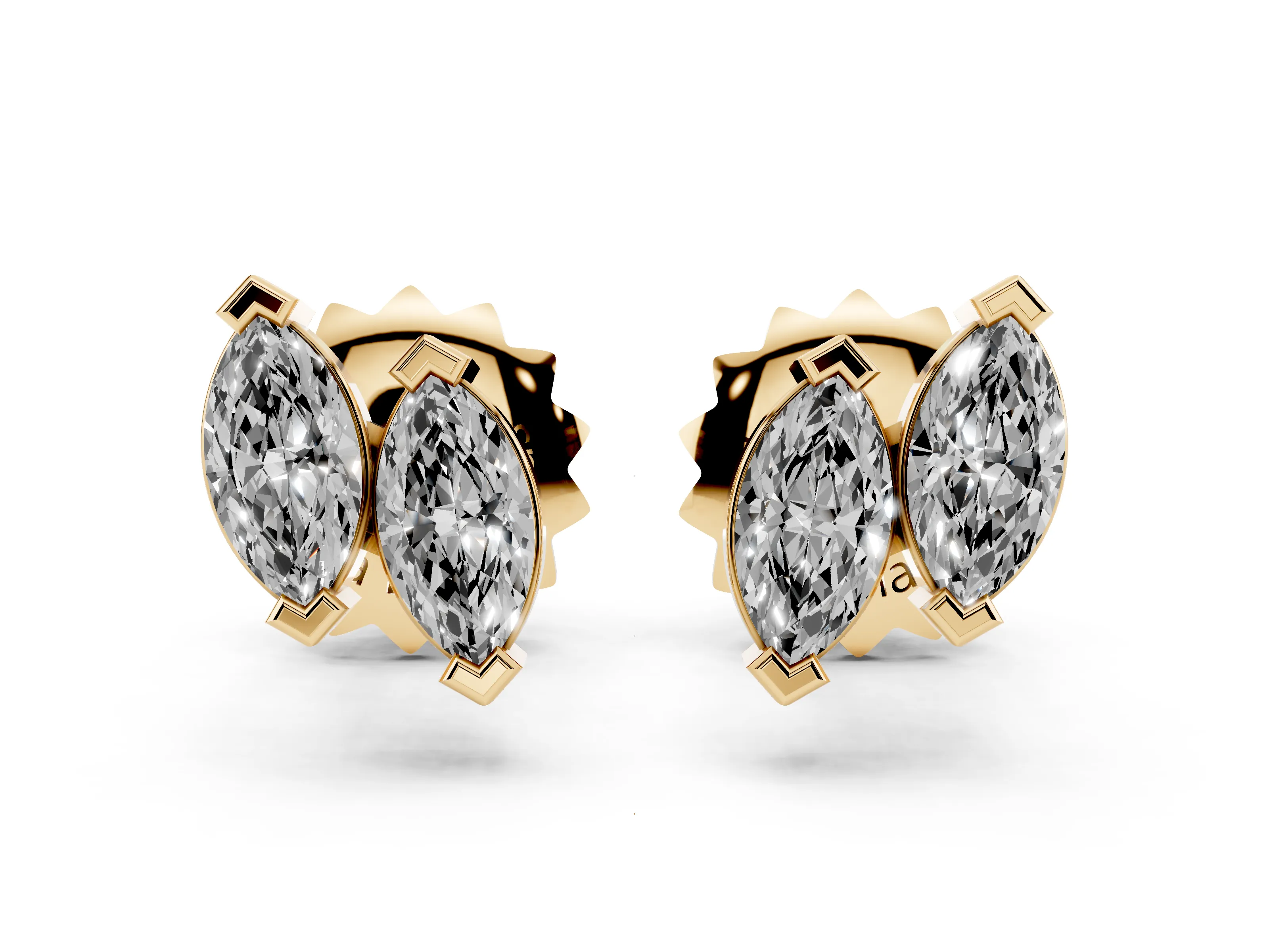Marquise Lab-Grown Diamond Staggered Two Stone Stud Earrings | V-Tip Prongs | Yellow Gold