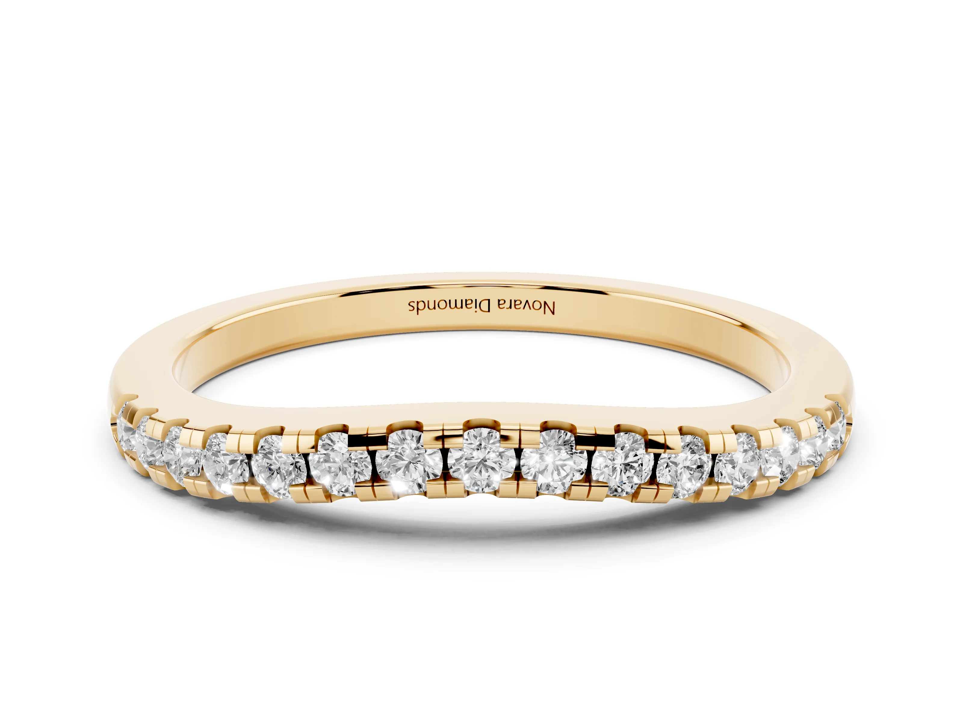 Round Diamond Curved Band Set in Yellow gold with Pavé Shared Prong Row