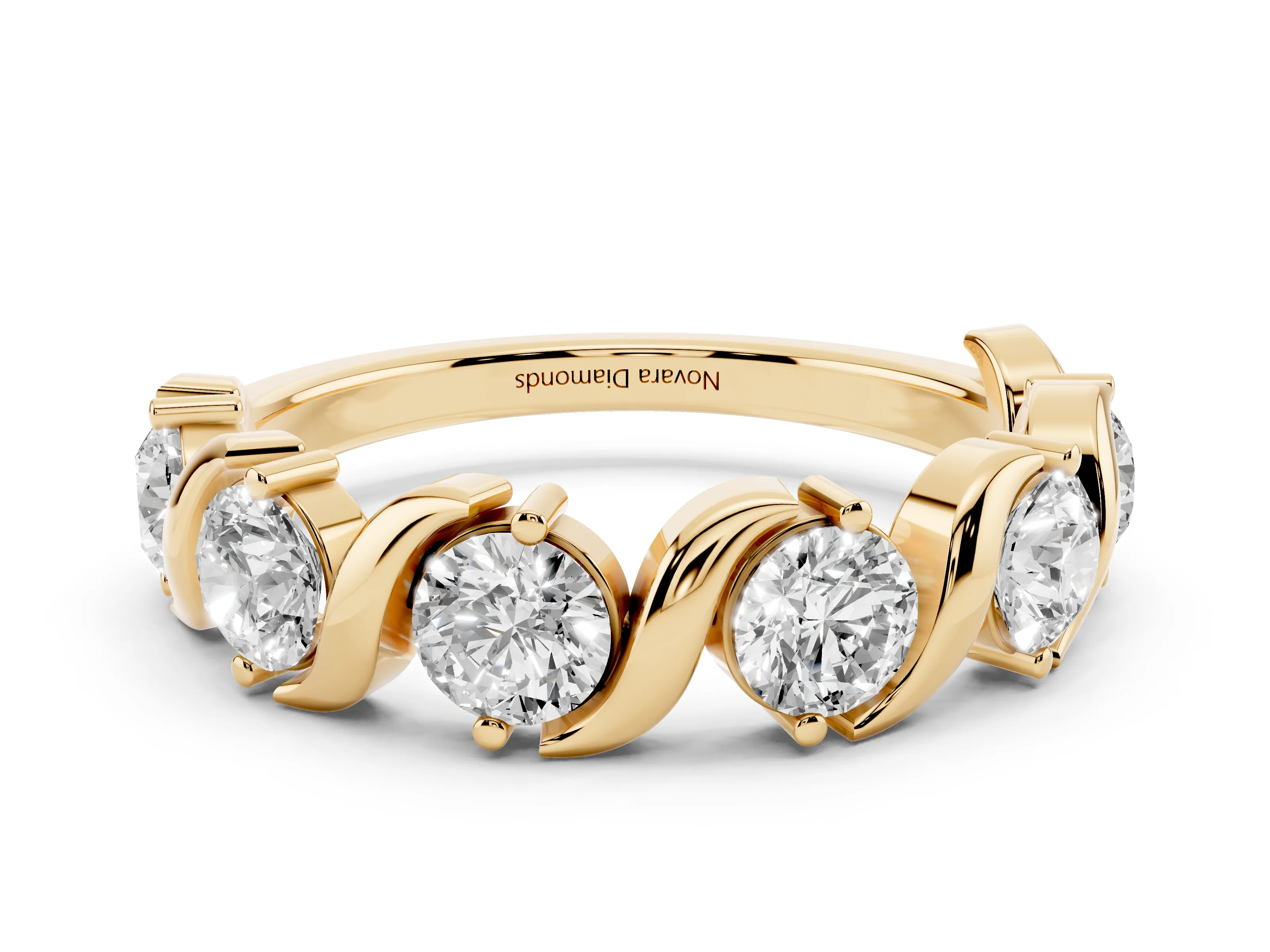 Round Diamond Six-Stone Wave Band Set in Yellow gold with Shared Prong Setting