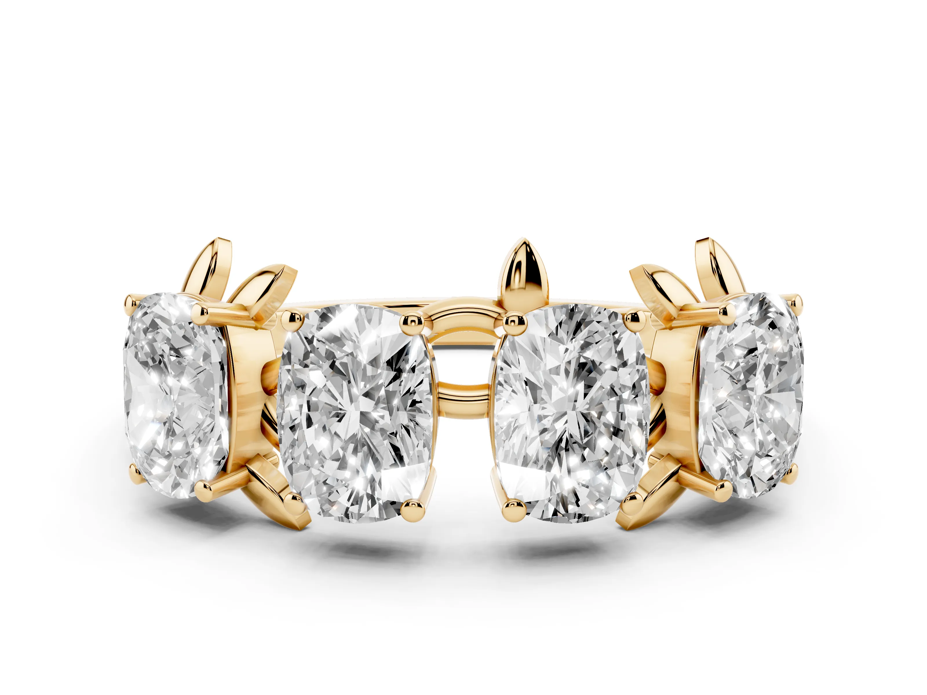 Elongated Cushion Diamond Four-Stone Band Set in Yellow gold with Leaf Prong Setting