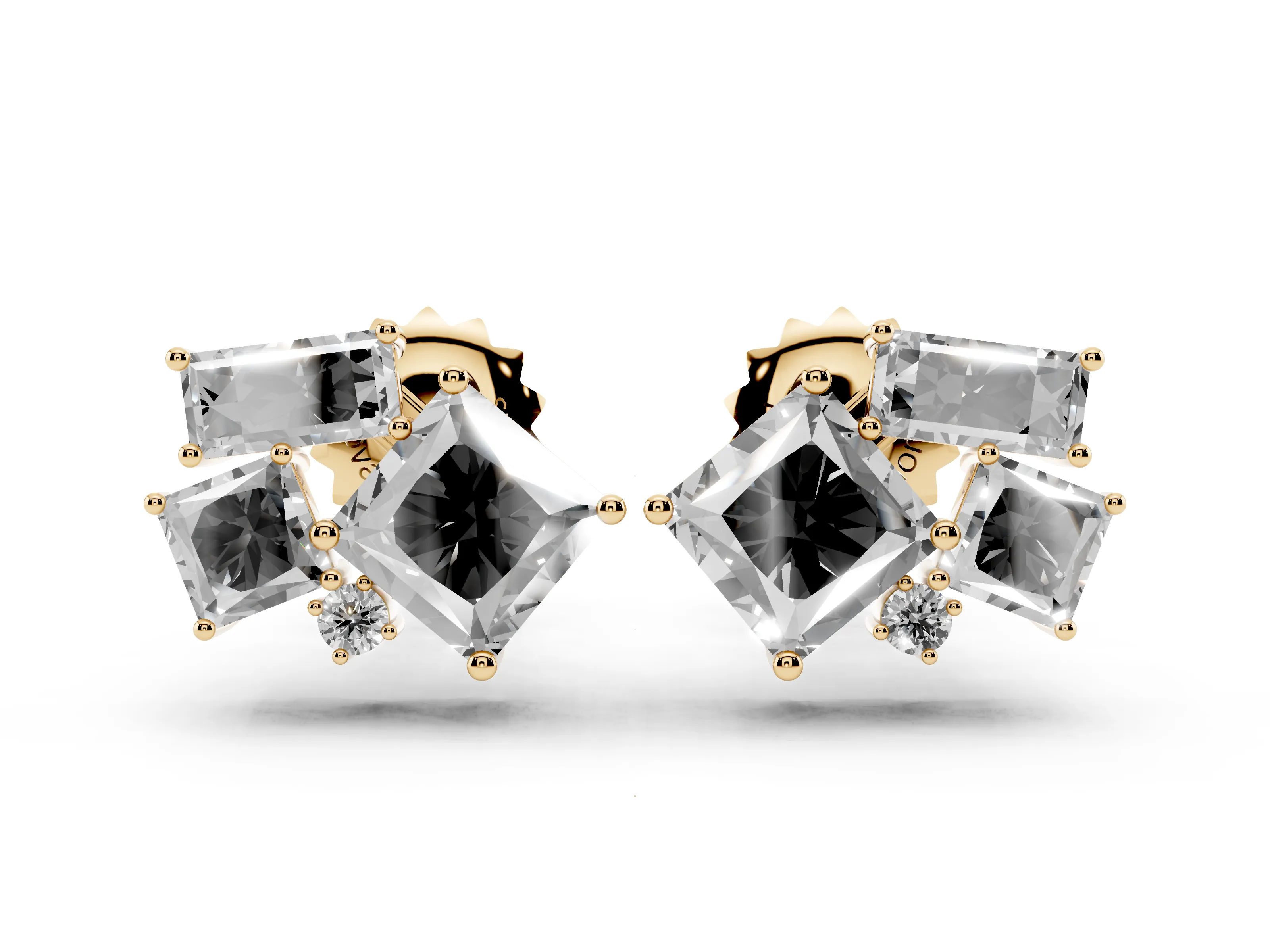 Princess Cut and Baguette Lab-Grown Diamond Mosaic Studs | On-Point Princess | Yellow Gold