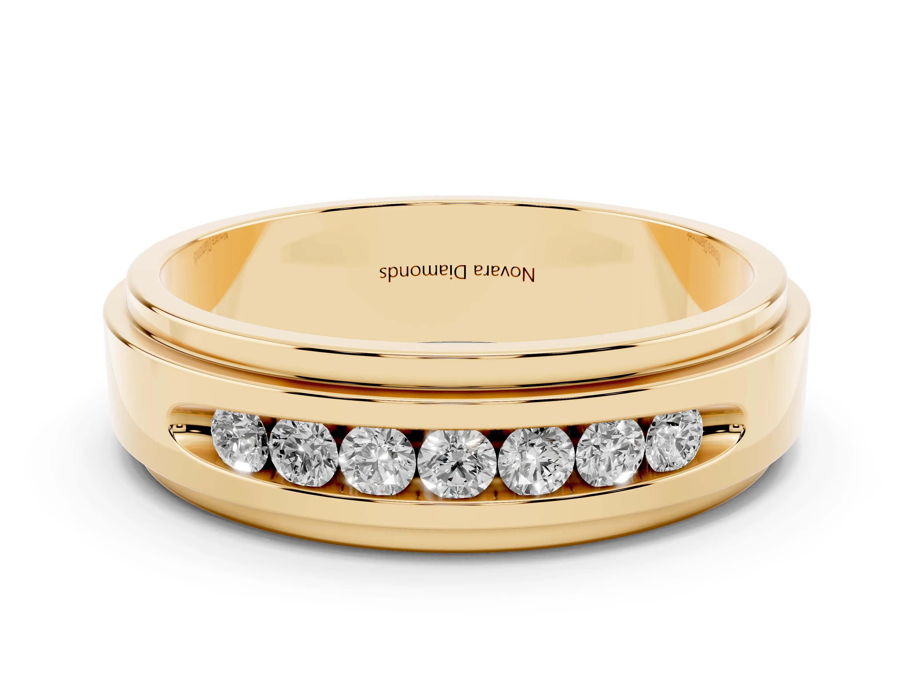 Round Diamond Seven-Stone Channel Mens Band Set in Yellow gold with Recessed Setting