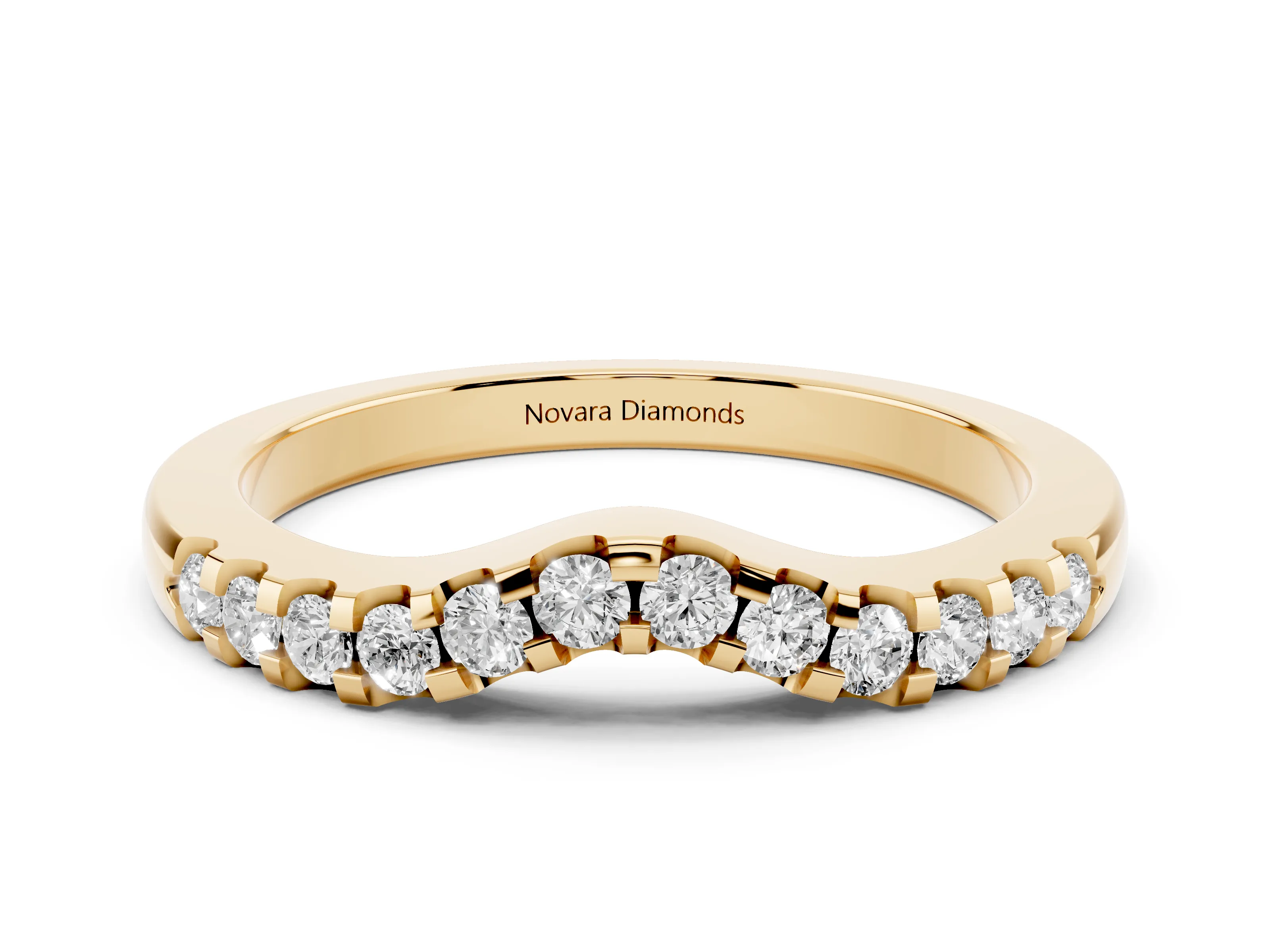 Round Diamond Curved Half Eternity Ring Set in Yellow gold with Shared Prong Setting
