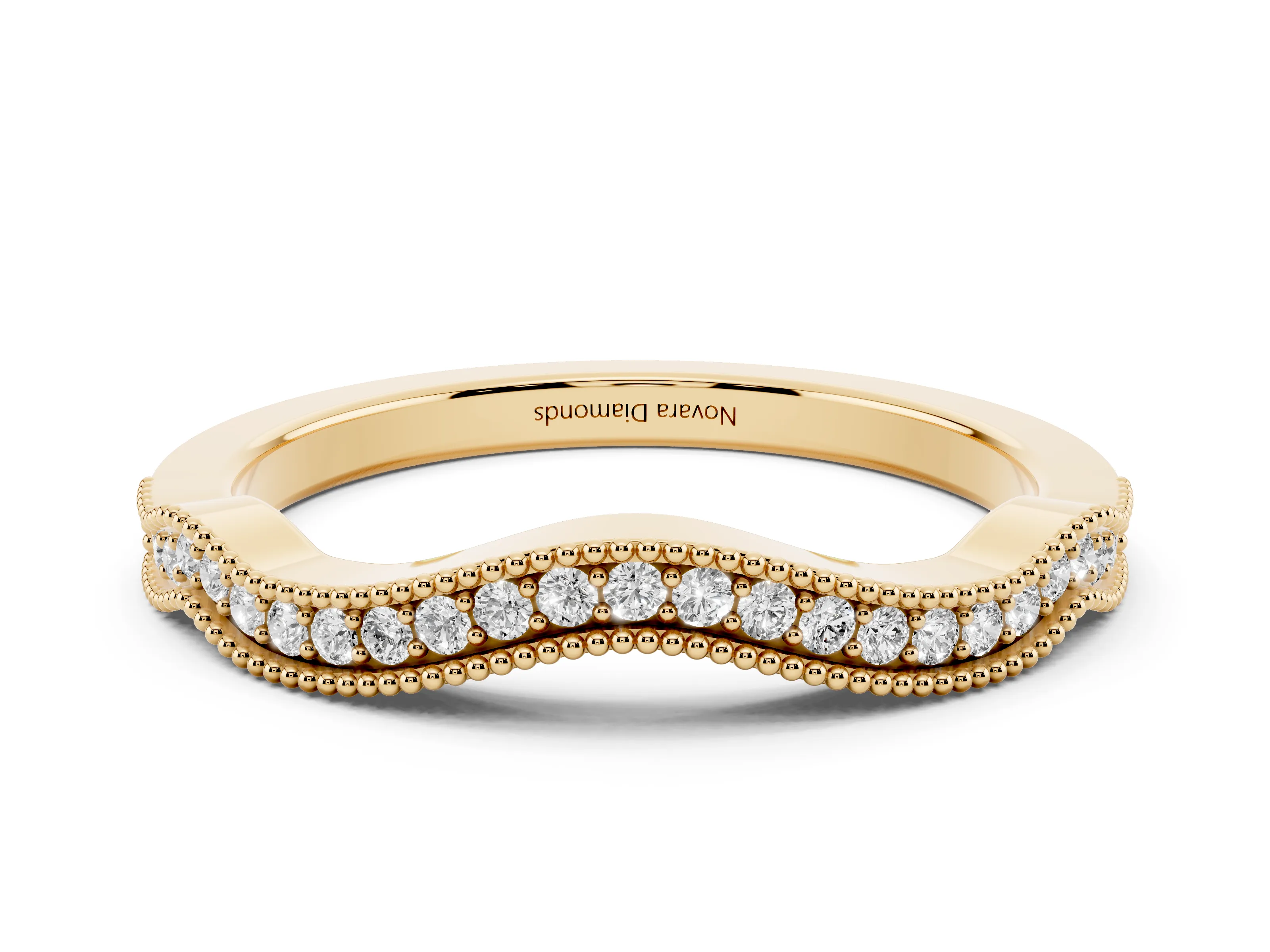 Round Diamond Curved Pavé Band Set in Yellow gold with Milgrain Detailing