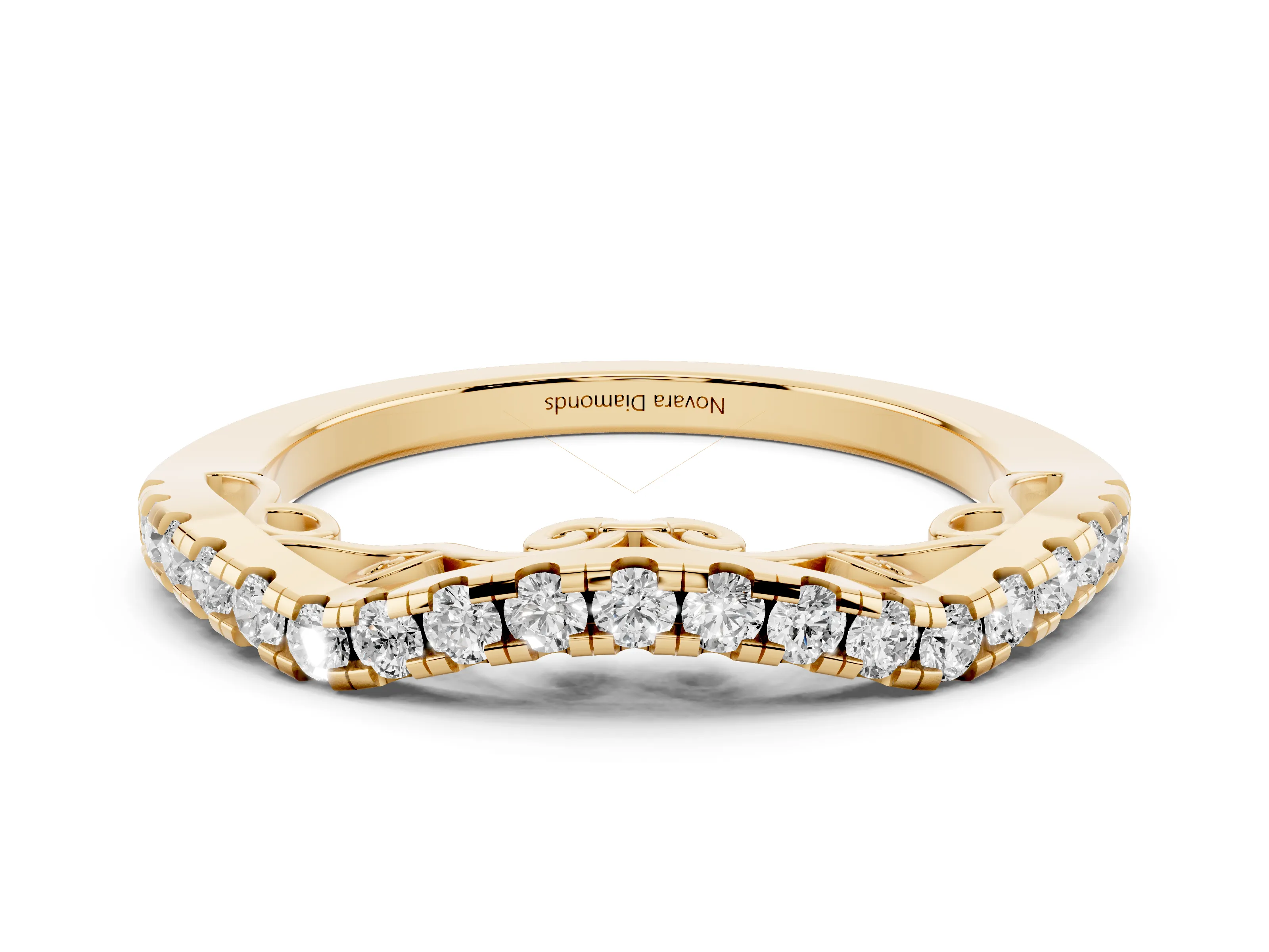 Round Diamond Curved Pavé Eternity Band Set in Yellow gold with Shared Prongs
