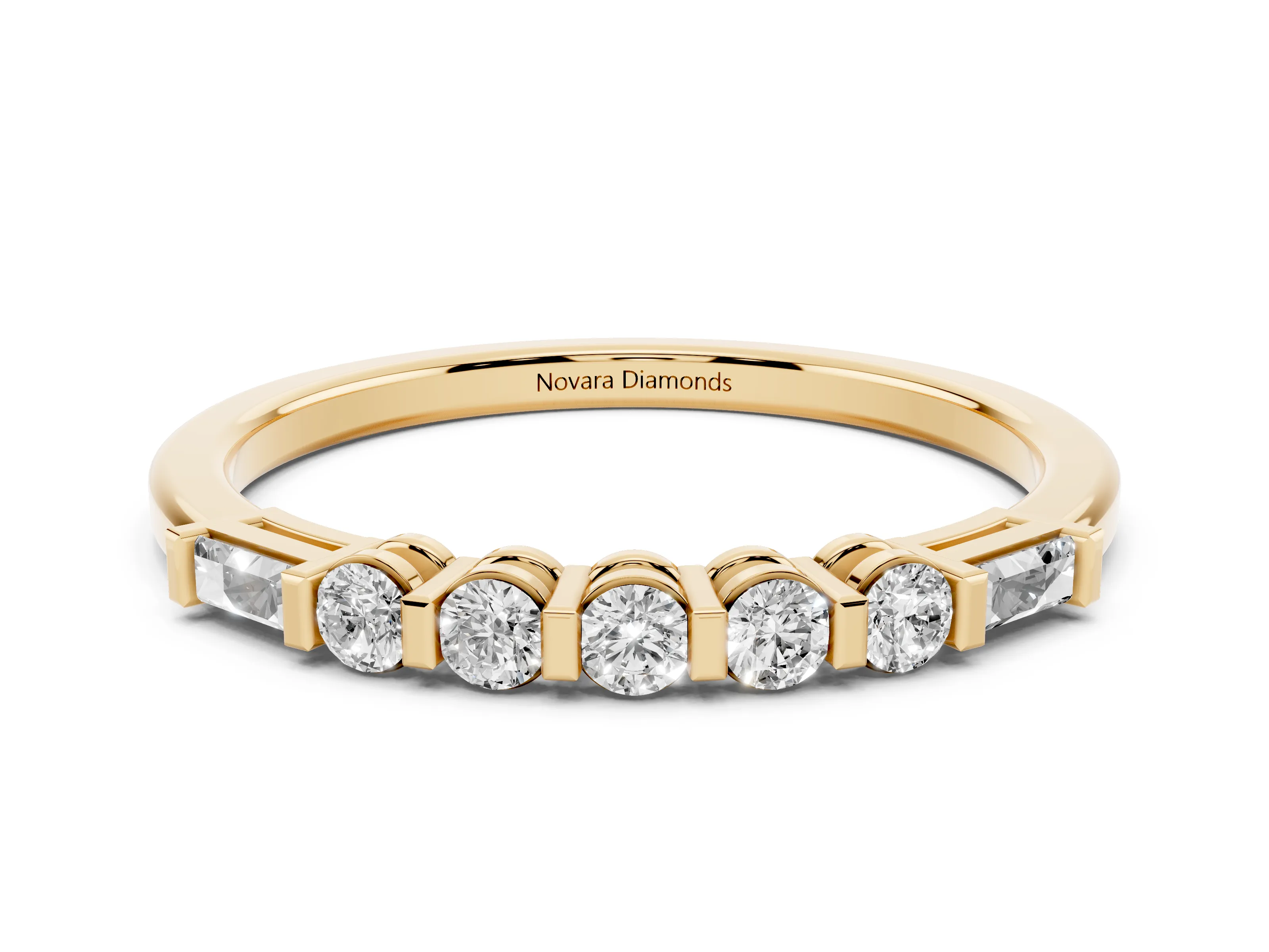 Round and Baguette Diamond Half Eternity Band Set in Yellow gold with Prong Setting
