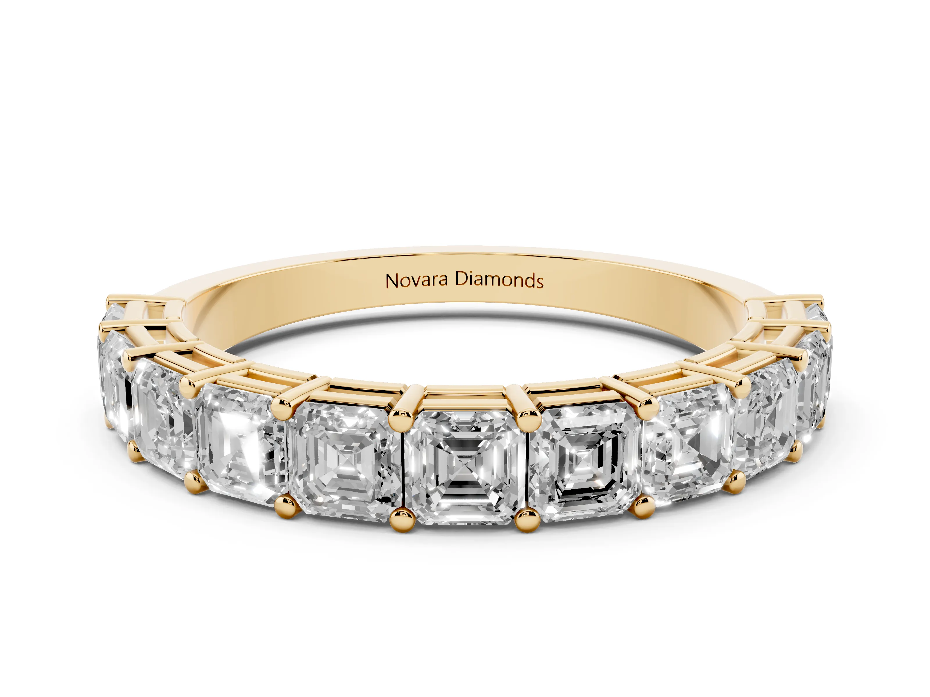 Asscher Cut Diamond Half Eternity Band Set in Yellow gold with Shared Prong Setting