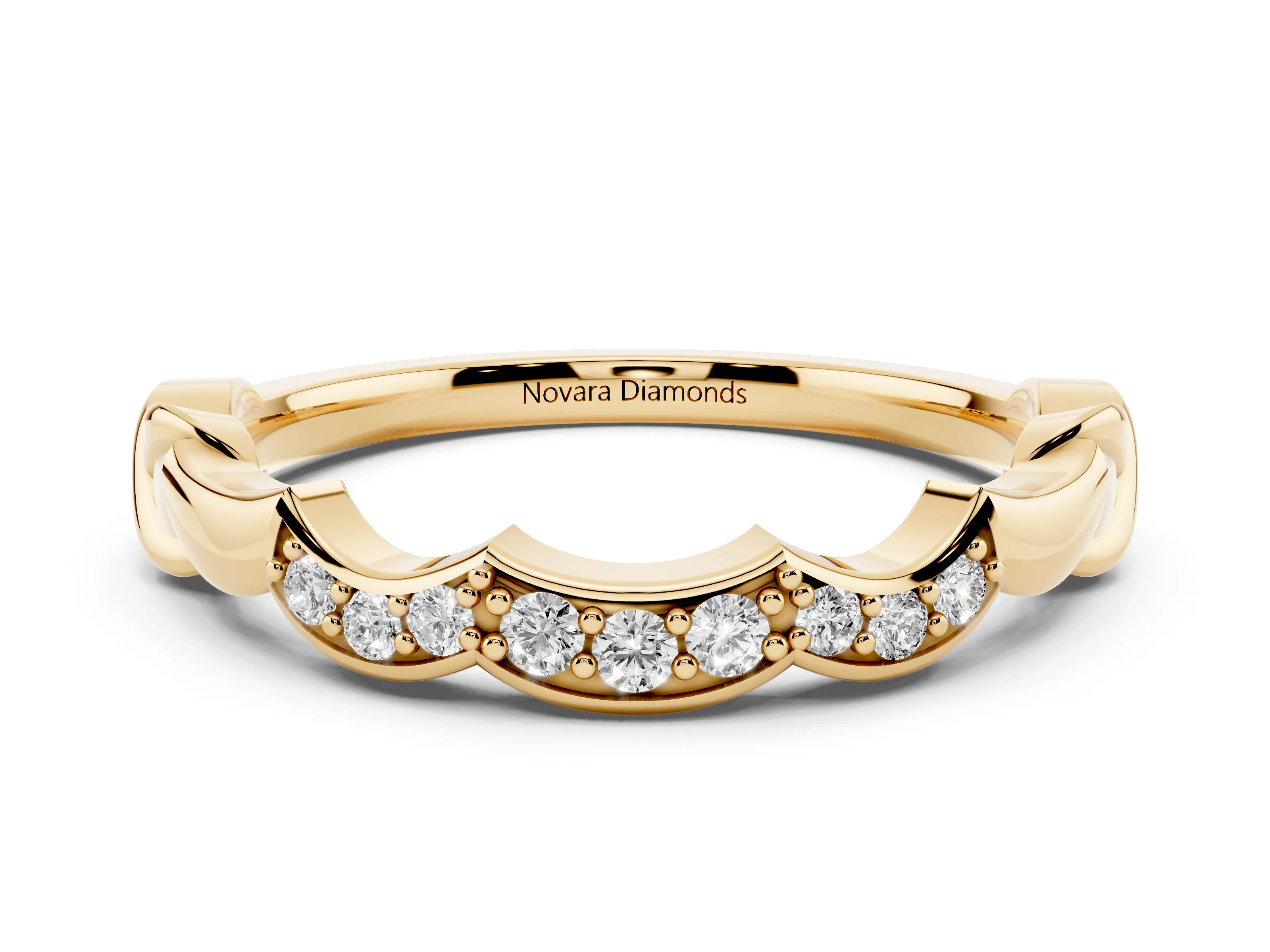 Round Diamond Scalloped Curved Band Set in Yellow gold with Shared Prong Setting