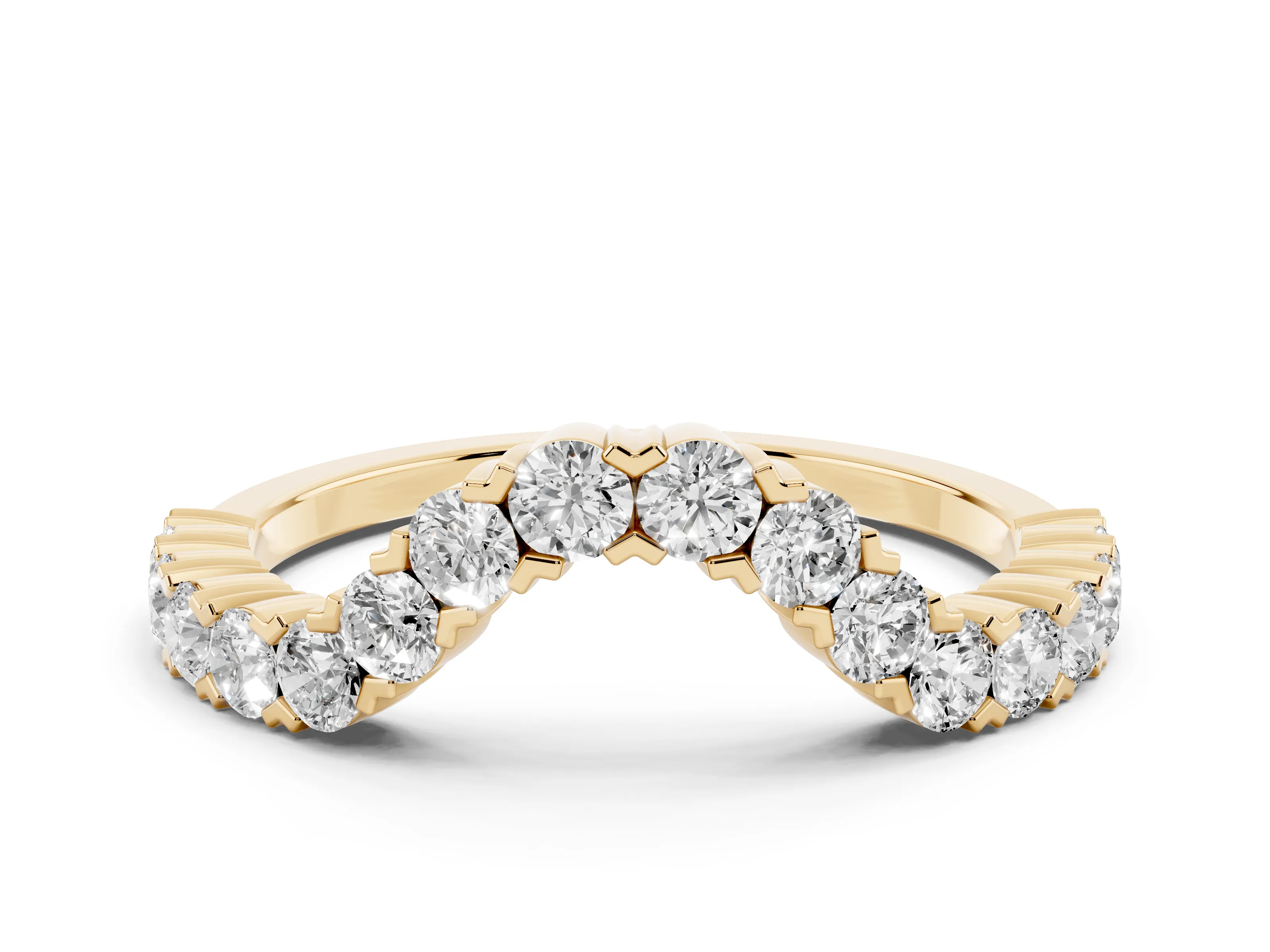 Round Diamond V-Shaped Pavé Band Set in Yellow gold with Prong Setting