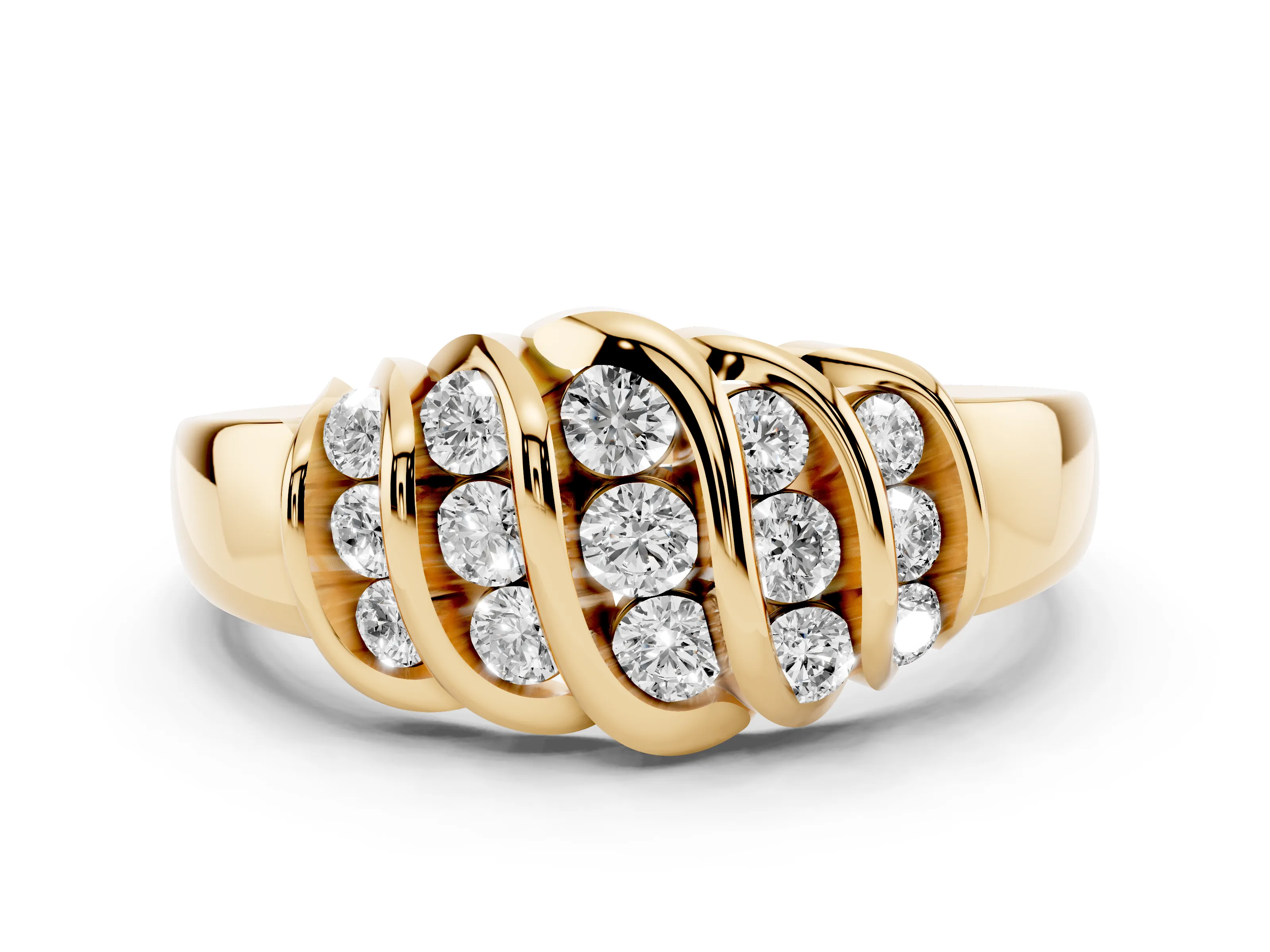 Round Diamond Multi-Row Crossover Band Set in Yellow gold with Polished Curves