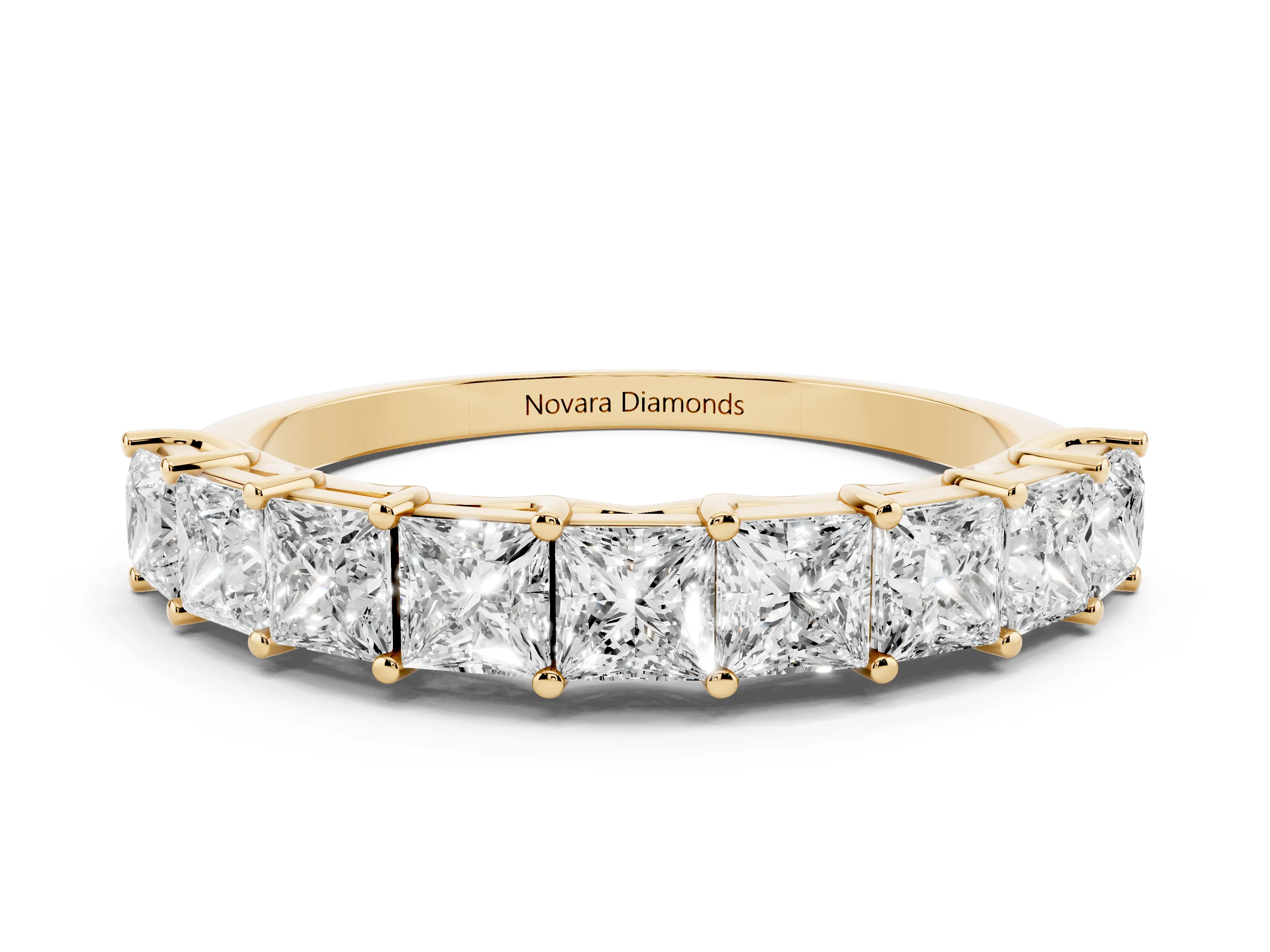 Princess Cut Diamond Channel Eternity Band Set in Yellow gold with Prong Detailing