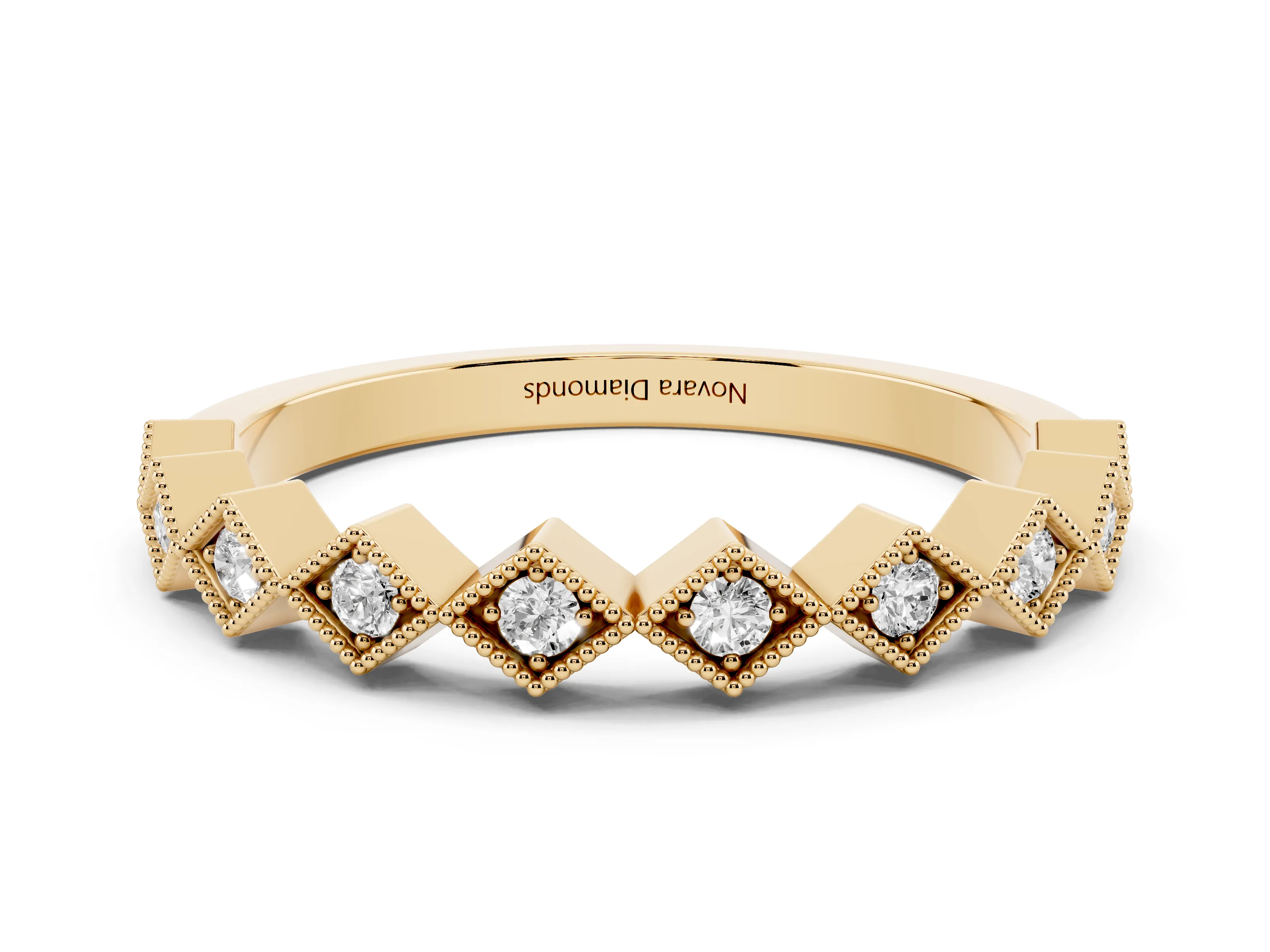 Round Cut Diamond Geometric Stackable Band Set in Yellow gold with Milgrain Bezel Setting
