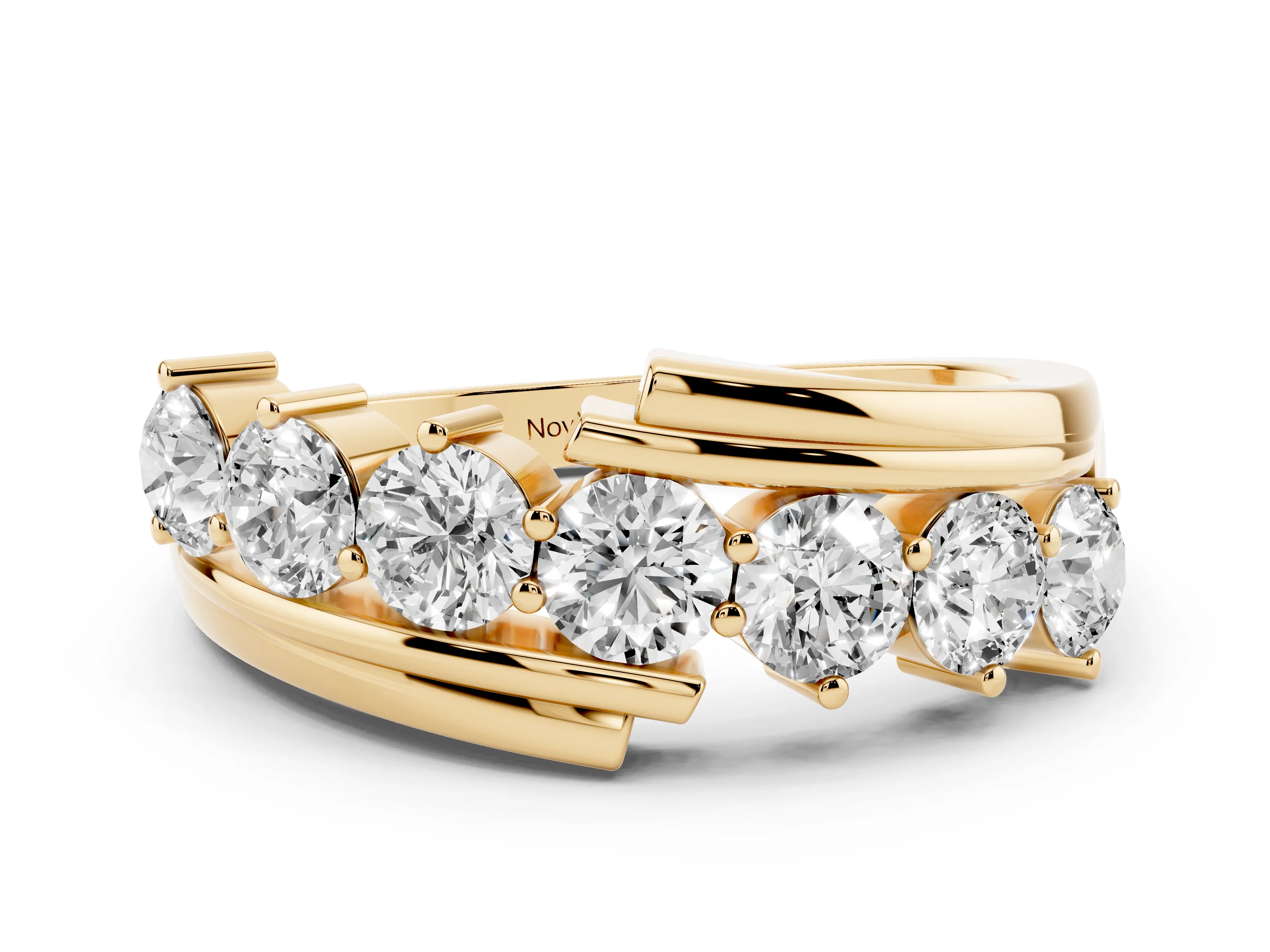 Round Diamond Wave Band Set in Yellow gold with Channel and Shared Prong Setting