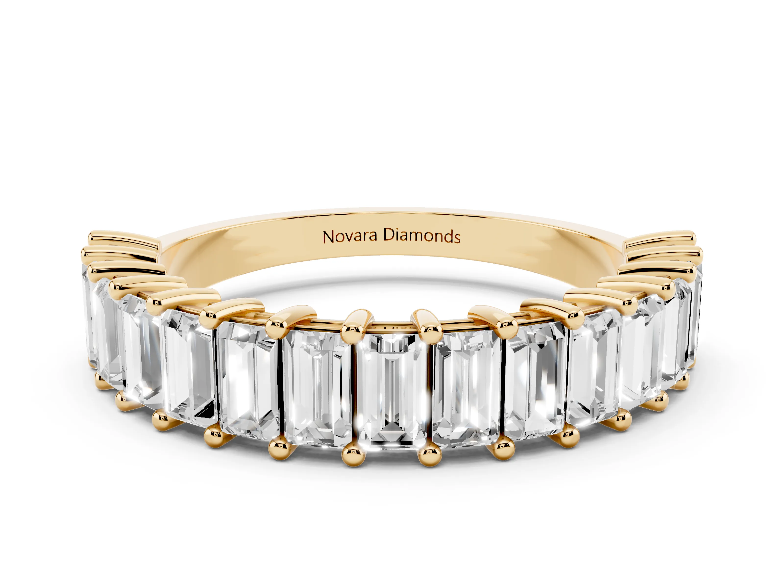 Baguette Diamond Half Eternity Band Set in Yellow gold with Shared Prong Setting